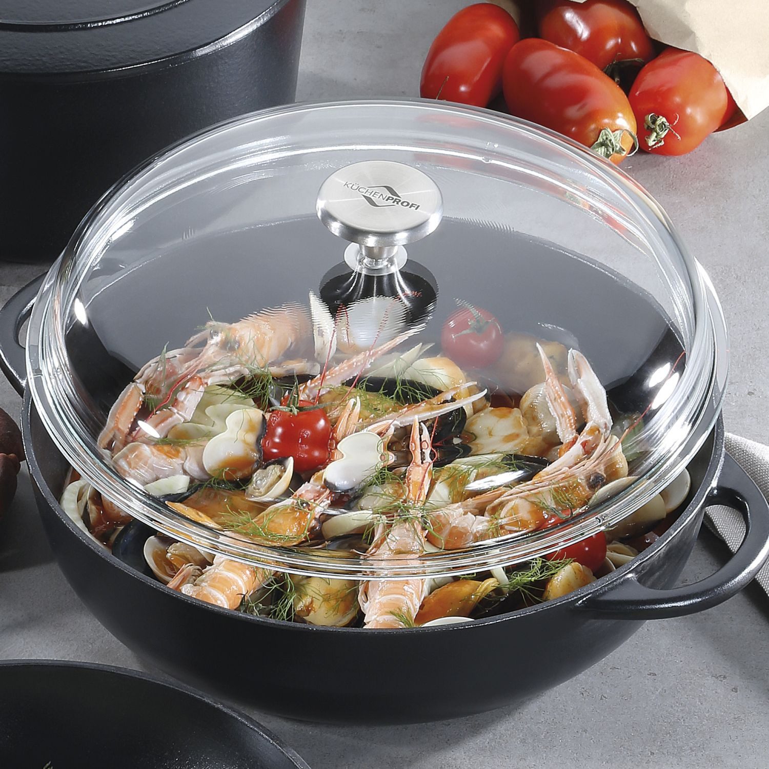Küchenprofi Bratpfanne Provence Bauernpfanne mit Glasdeckel Schwarz 24 cm, Gusseisen