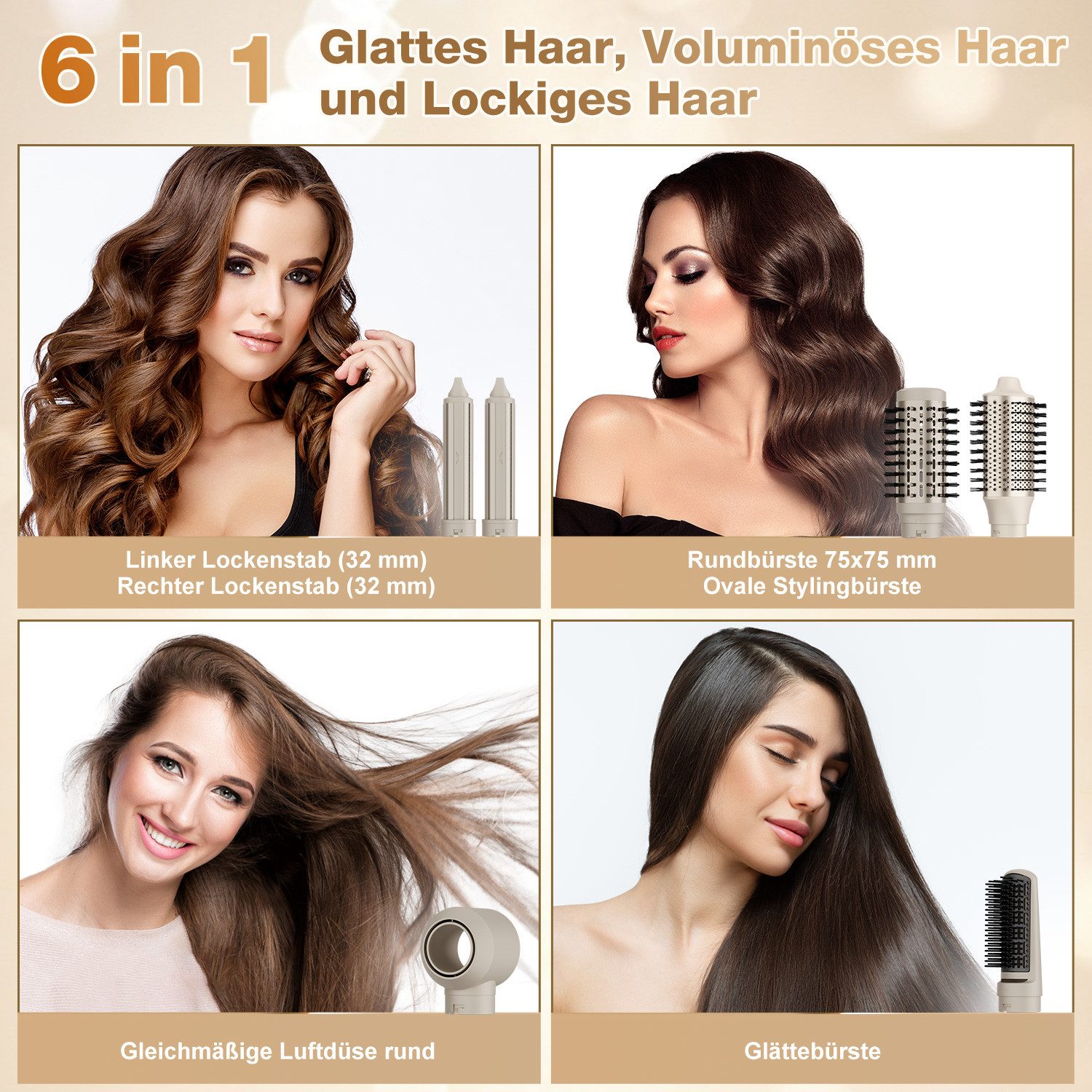 MCURO Haartrockner 6-in-1 Airstyler Warmluftbürste Set,Luftstyler & Haartrockner, 1200,00 W, Steuerung von Kalt- und Warmluft, Stylingbürsten mit Auto-Wrap-Lockenaufsatz,Keine Hitzeschäden