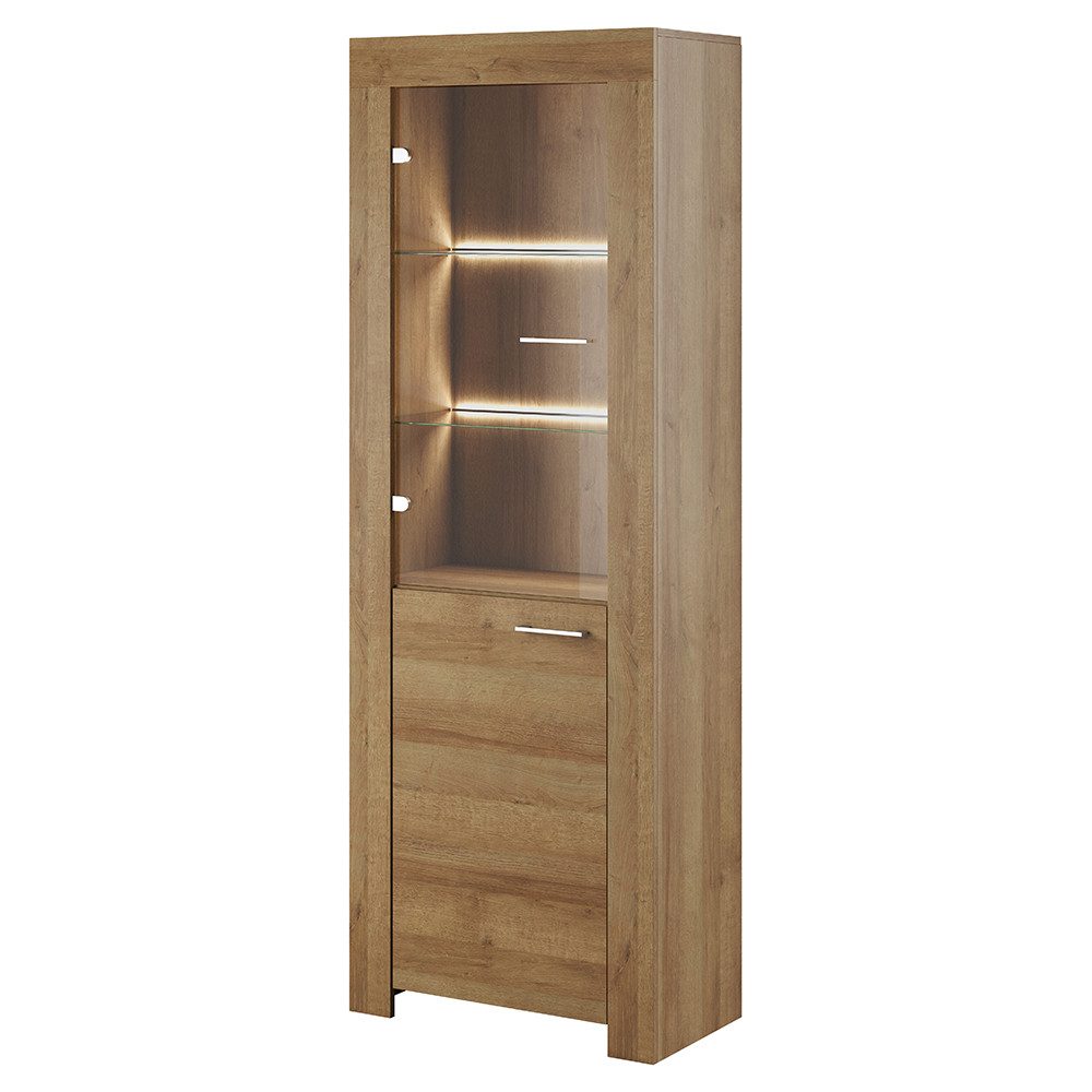 Lomadox Vitrine STEGNA-160 Eiche Nb., 70 cm breit, 1 Tür, 1 Glastür, mit Beleuchtung