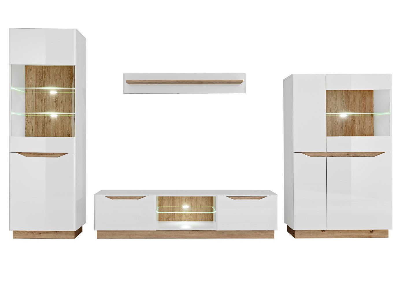 Feldmann-Wohnen Wohnwand Lugo, (1 Vitrine (2-türig), 1 Hoghboard (4-türig), 1 Lowboard, 1 Wandregal, 4-St., moderne Optik, holzfarbene Akzente, Grifmulden, mit Beleuchtung), 315x40x188 weiß Hochglanz / Eiche Artisan