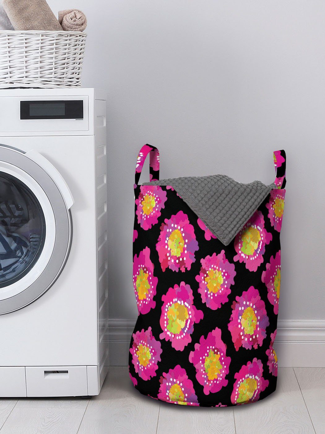für mit Wäschekorb Wäschesäckchen Grafiken Waschsalons, von Griffen Mohnblumen-Blumen Kordelzugverschluss Blumen Abakuhaus