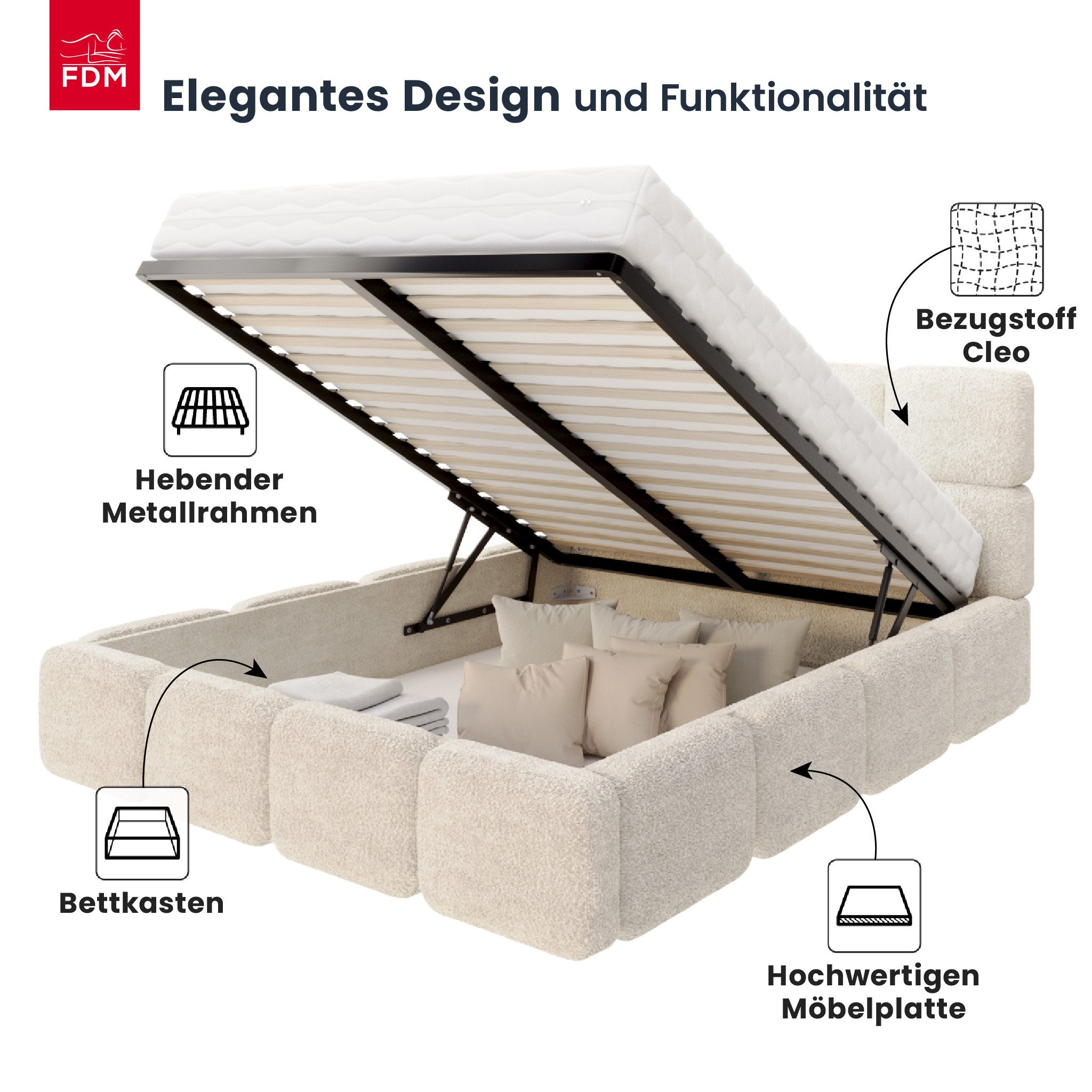 FDM Polsterbett CLOUDY Bettgestell Bett 140x200, 160x200, 180x200 cm Bestseller (verfügbar 140x200 160x200 180x200cm, Bettrahmen, Bett, mit großen gepolsterten Kopfteil, mit Bettkasten zum aufklappen), Hebbarer Metallrahmen, Bettkasten, ohne Matratze