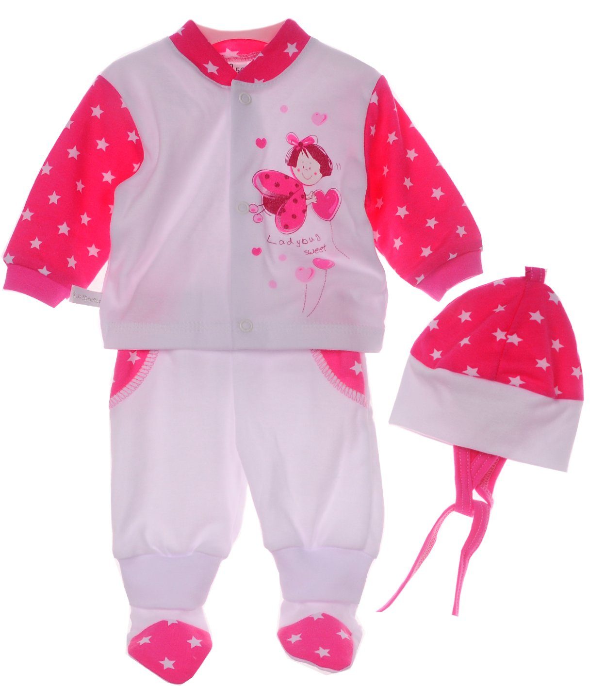 Erstausstattungspaket Baby Anzug 3Tlg Hemdchen Hose Mütze in Pink mit Sternchen