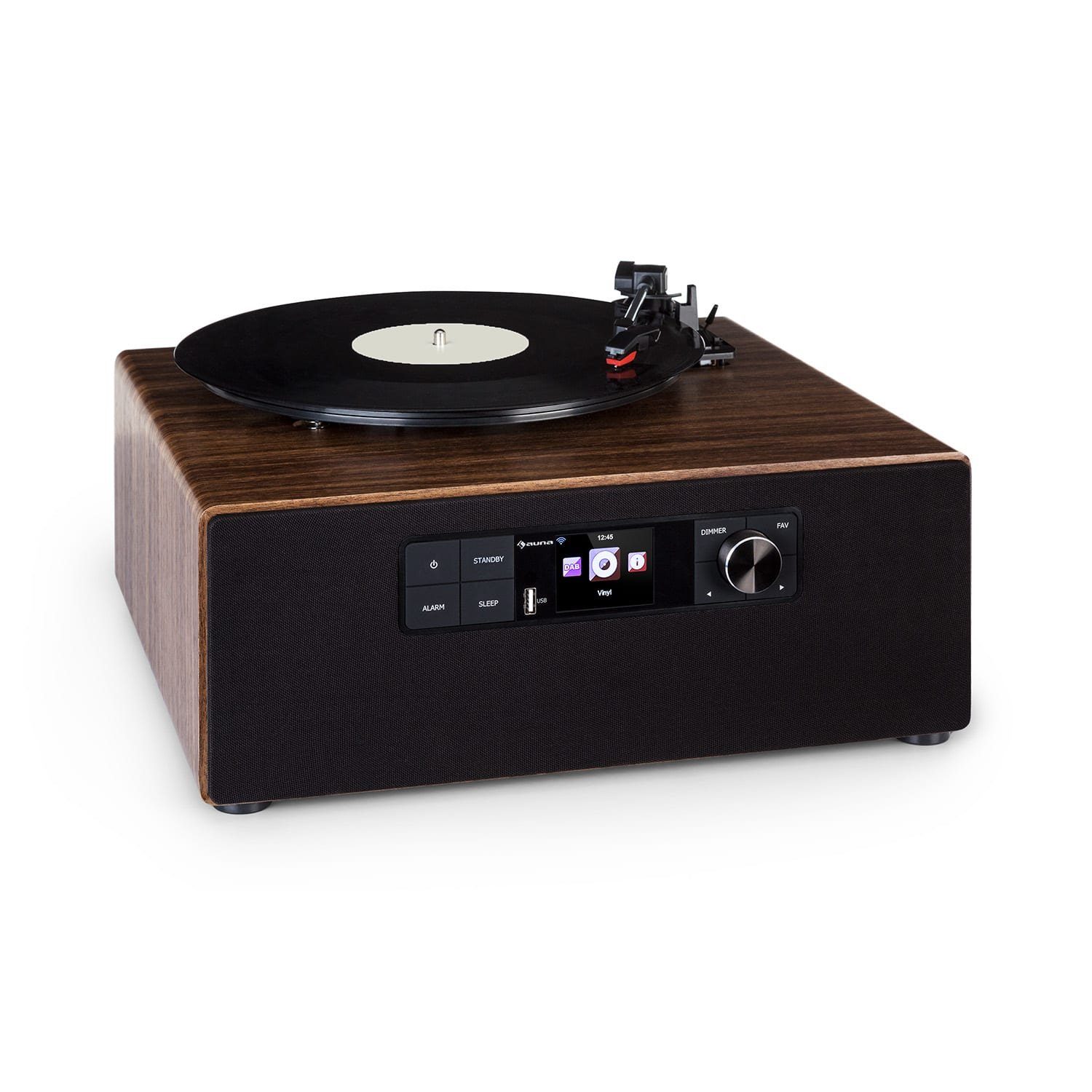 Auna Connect Vinyl Cube Plattenspieler (Riemenantrieb, Bluetooth, Schallplattenspieler mit Lautsprecher Radio Vinyl Plattenspieler)