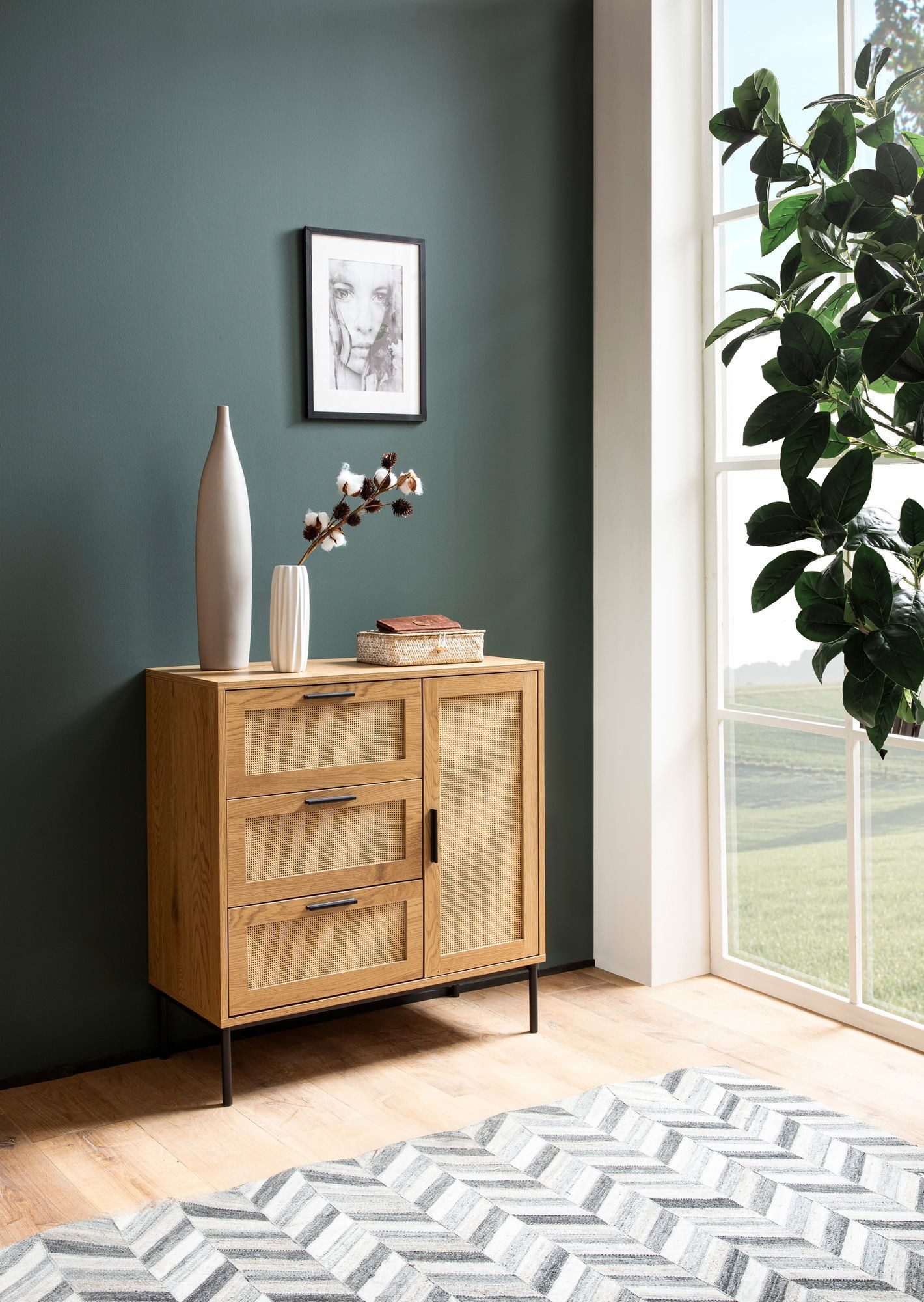 furnicato Sideboard Kommode mit Geflecht 80x82x36 cm Braun (1 St), Sideboard mit Geflechtfronten, Ablagefläche und Stauraum für Küche
