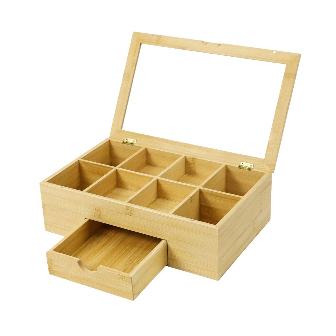 Lacers Teebox aus Bambus mit Glasdeckel & Schublade Teekiste mit 8 Fächern, Bambus, (Teebox, 1 Teebox, Maße 33 x 20,5 x 10 cm), Mit Schublade zur geordneten Aufbewahrung von Teebeuteln