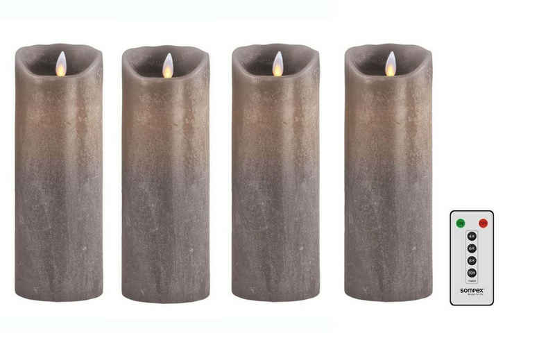 SOMPEX LED-Kerze 4er Set Flame LED Kerzen taupe 23cm (Set, 5-tlg., 4 Kerzen, Höhe 23cm, Durchmesser 8cm, 1 Fernbedienung), fernbedienbar, integrierter Timer, Echtwachs, täuschend echtes Kerzenlicht, optimales Set für den Adventskranz
