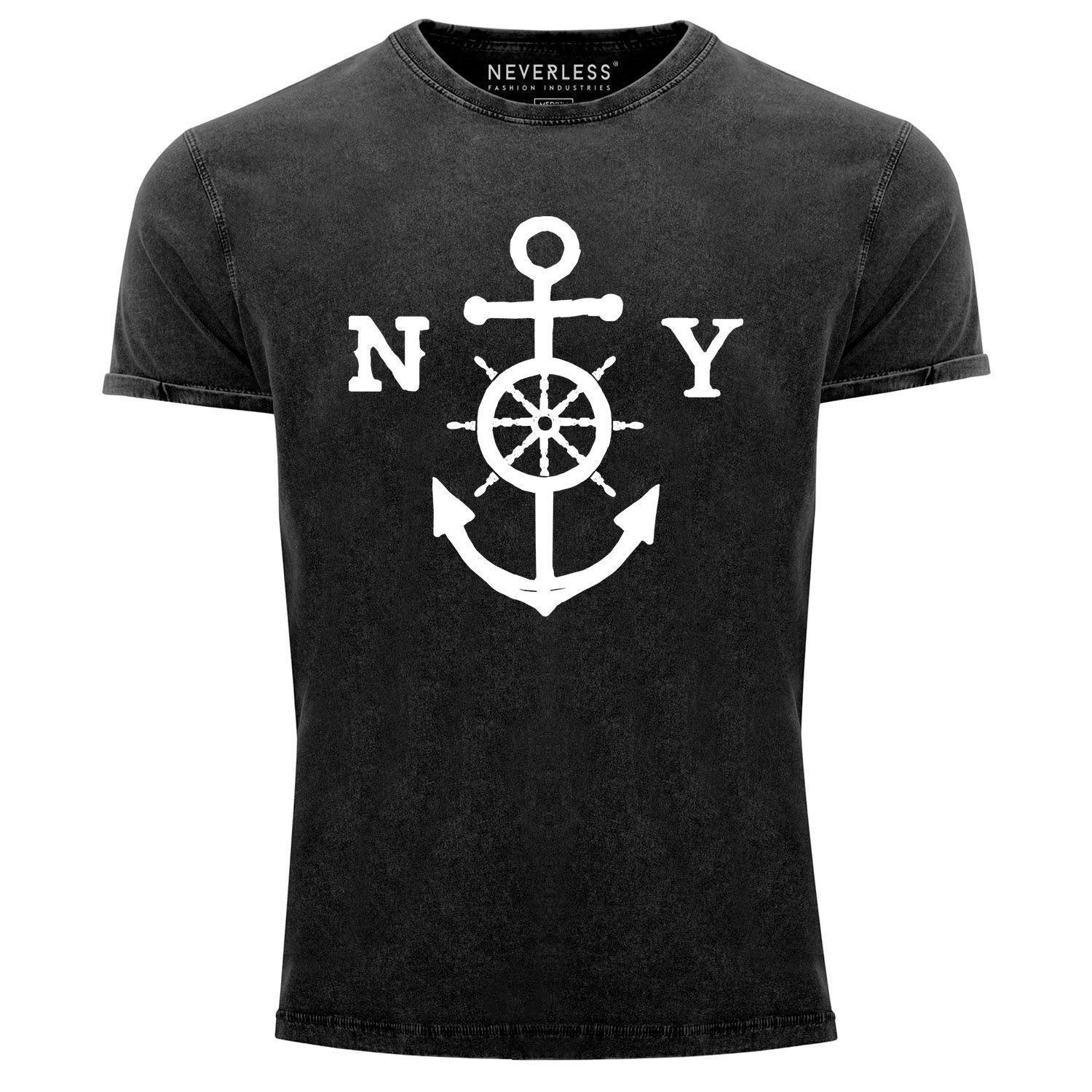 Neverless® Neverless mit Vintage Print T-Shirt Used Cooles mit Angesagtes Look Anker Herren schwarz Shirt Print-Shirt Slim Steuerrad Fit