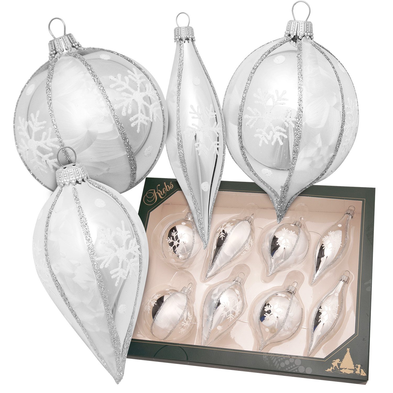Krebs Glas Lauscha Weihnachtsbaumkugel 8er Set Sortiment mit Kugeln und Tro günstig online kaufen
