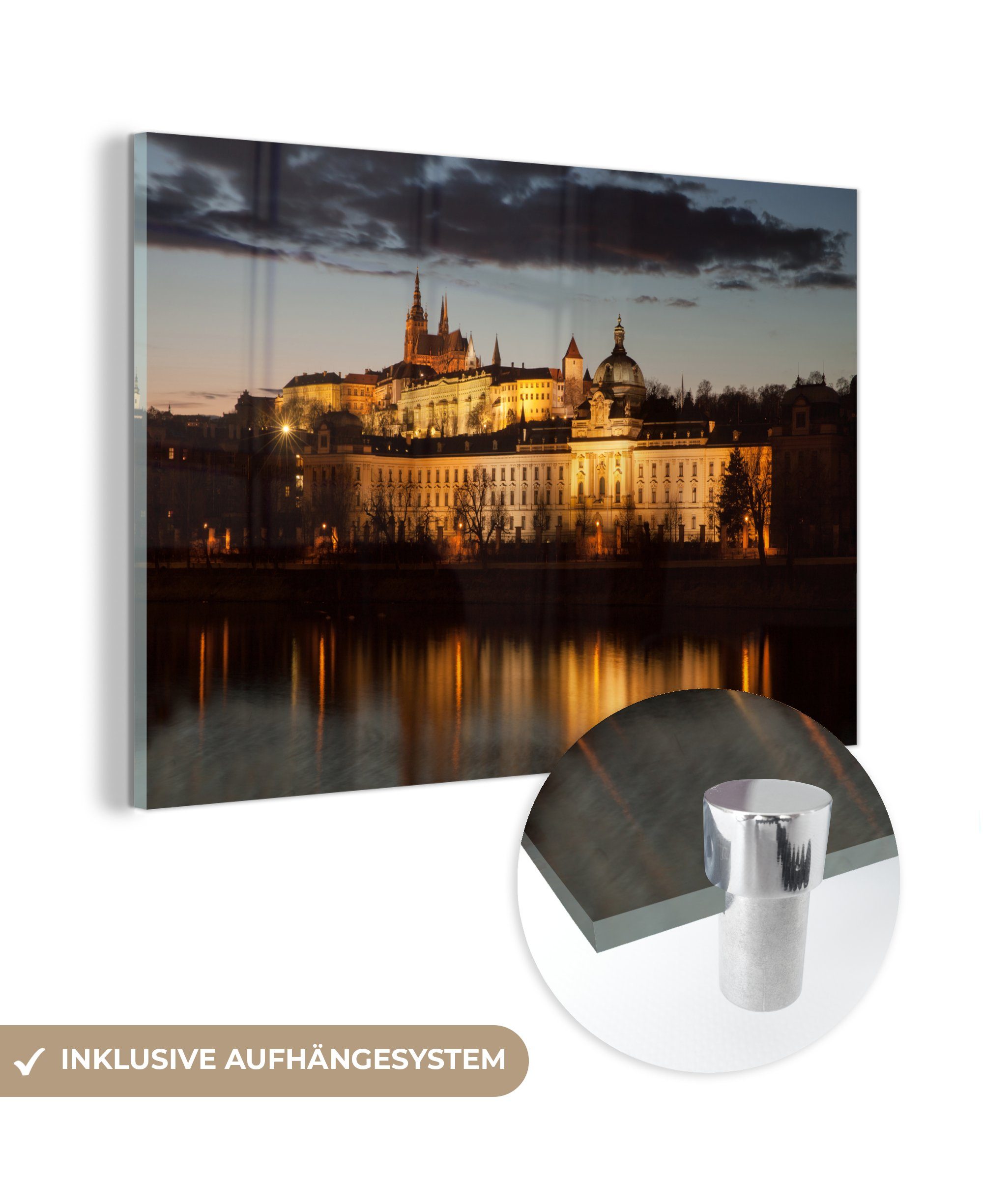 MuchoWow Acrylglasbild Prager Burg - Wasser - Abend, (1 St), Acrylglasbilder Wohnzimmer & Schlafzimmer
