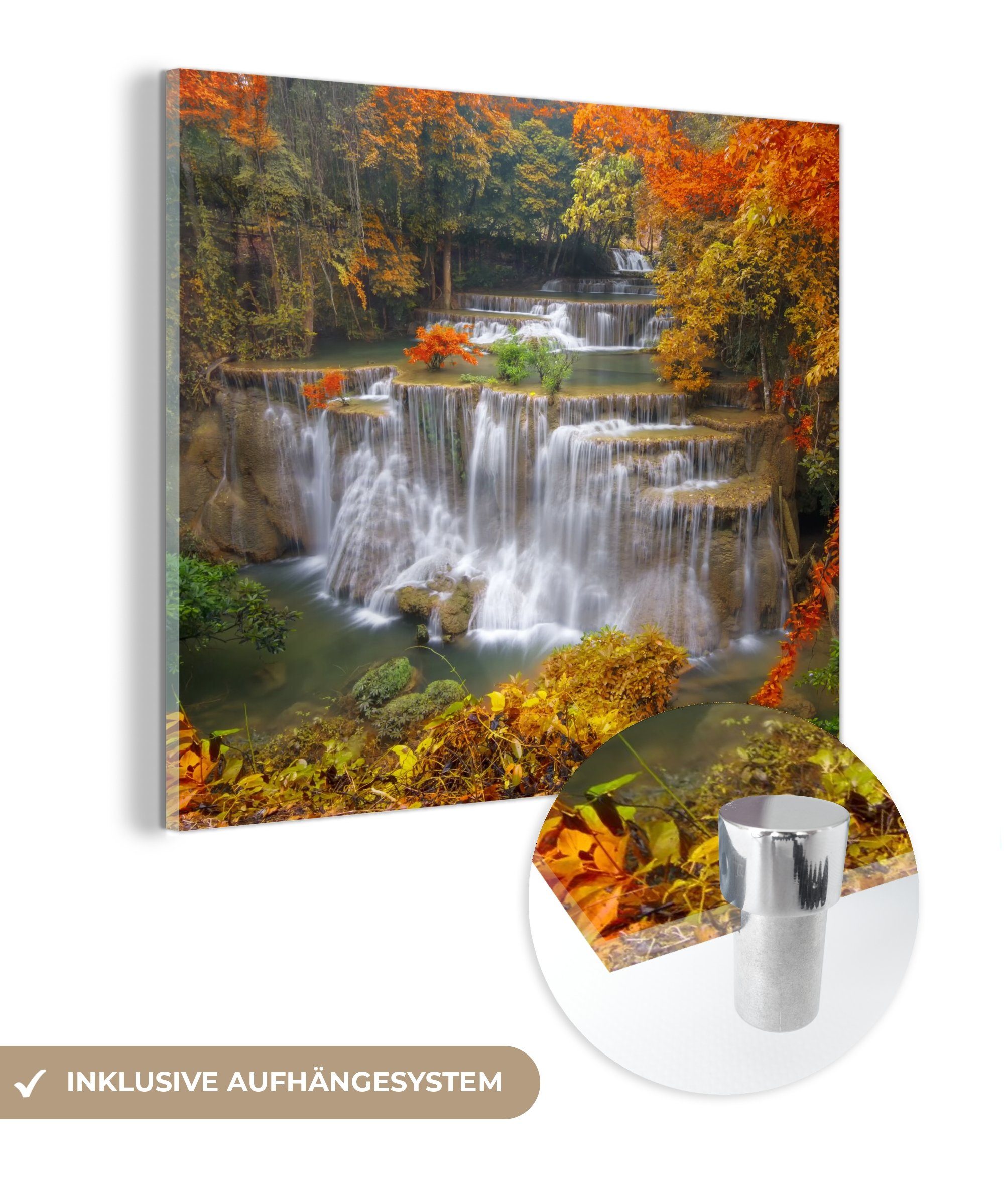 MuchoWow Acrylglasbild Bäume - Wasserfall - Herbst, Inkl. Aufhängung, Bilder auf Glas Wandbild, Wanddeko Wohnzimmer Badezimmer, 20x20 cm