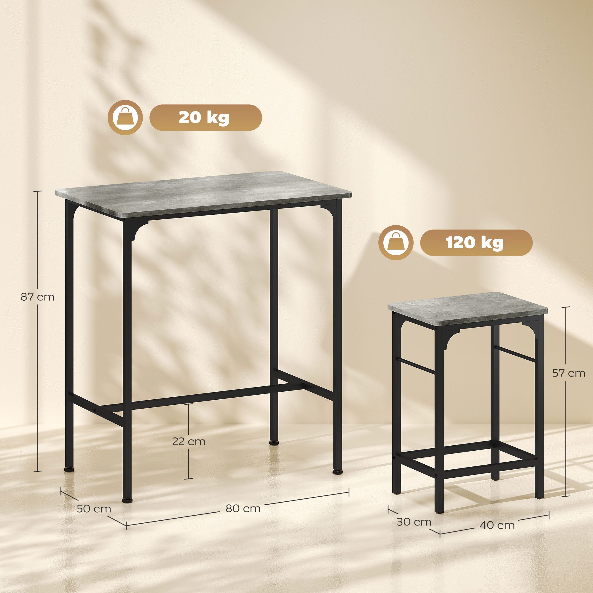 HOMCOM Bargruppe Bartisch für Küche, (Set, 3-tlg., Tisch mit 2 Hockern), Hocker unter Tisch schiebbar