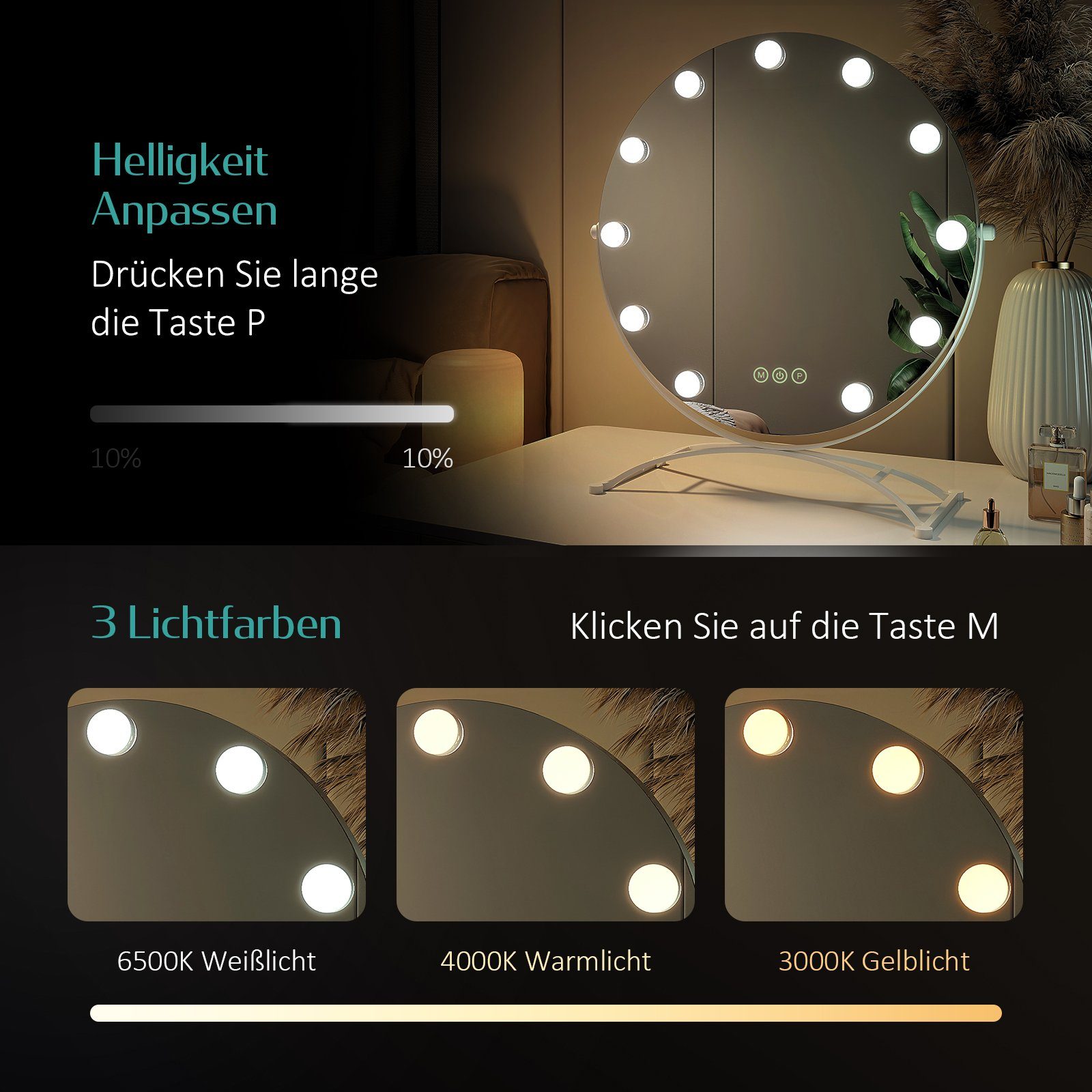 Kosmetikspiegel Spiegel Weiß Hollywood Lichtfarben,Dimmbar,7 EMKE mit Drehbar Runder Tischspiegel, x Vergrößerungsspiegel,360° Beleuchtung 3 Schminkspiegel