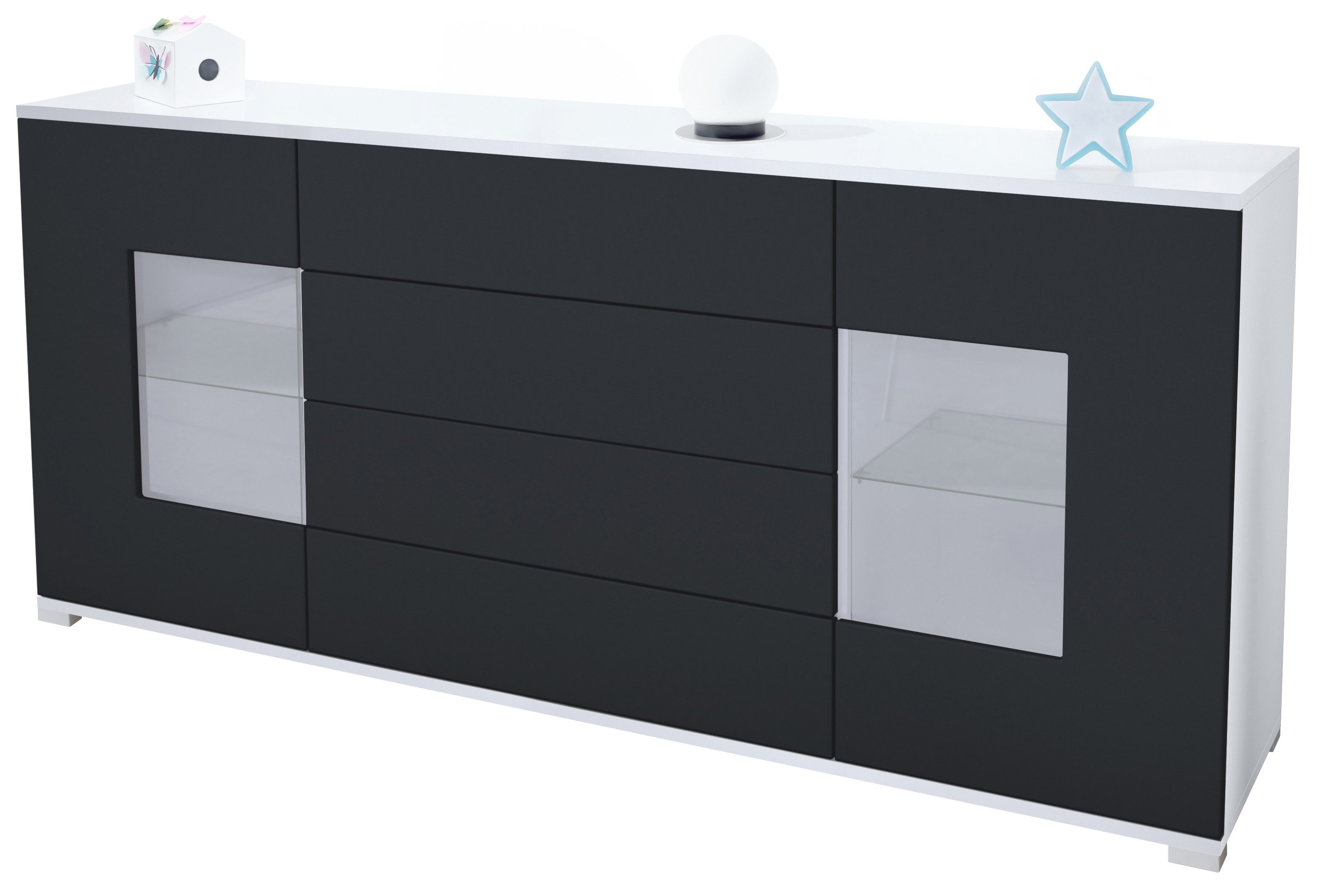 Vladon Sideboard Grömitz V2 (Kommode mit 2 Türen, 4 Schubladen und 2 flexible Glaseinlegeböden), Weiß matt/Schwarz matt (166,5 x 75,5 x 35)