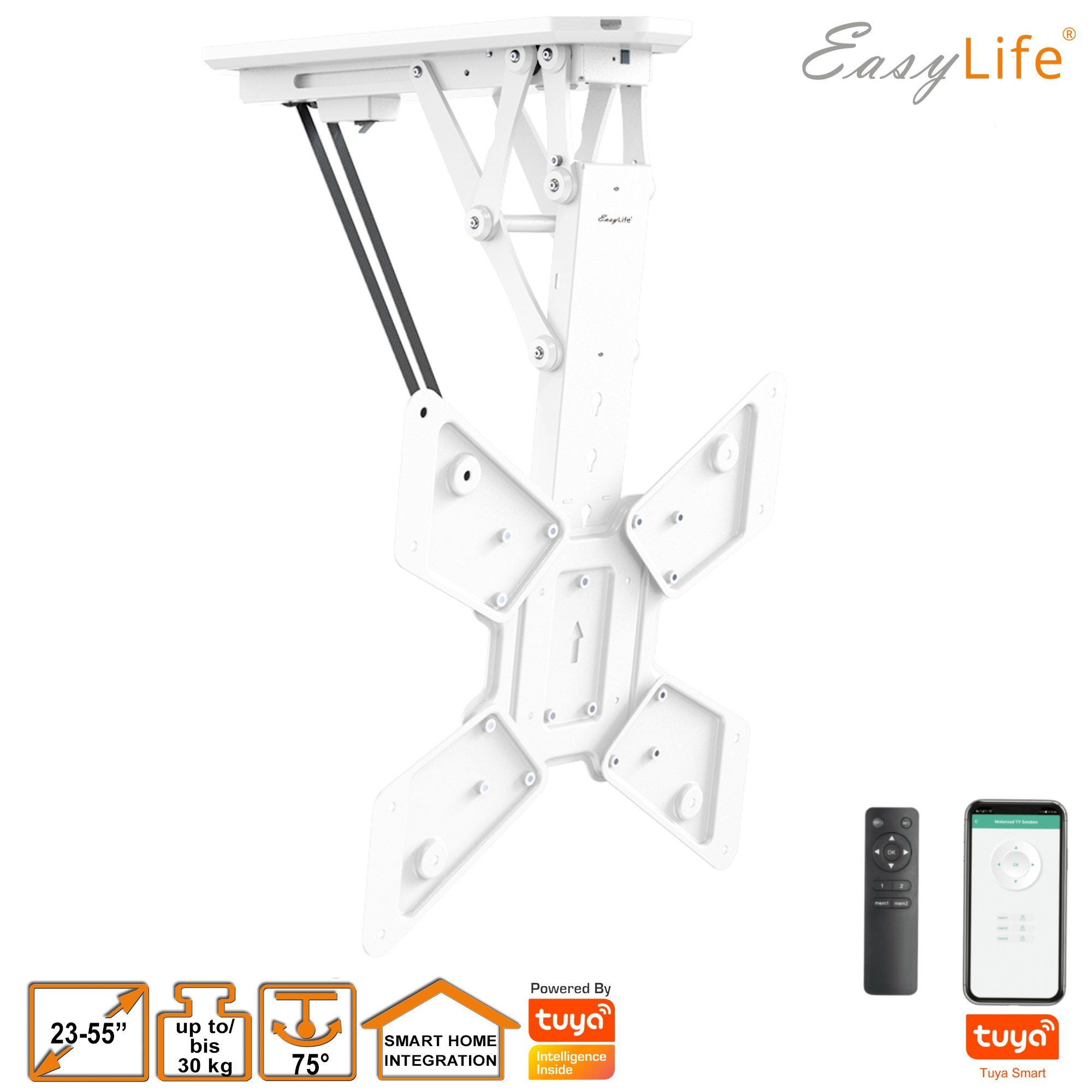 EasyLife TV-Deckenhalterung TV Deckenhalter elektrisch schwenkbar 23-55 Zoll, VESA 400x400 (weiß), (bis 55 Zoll)
