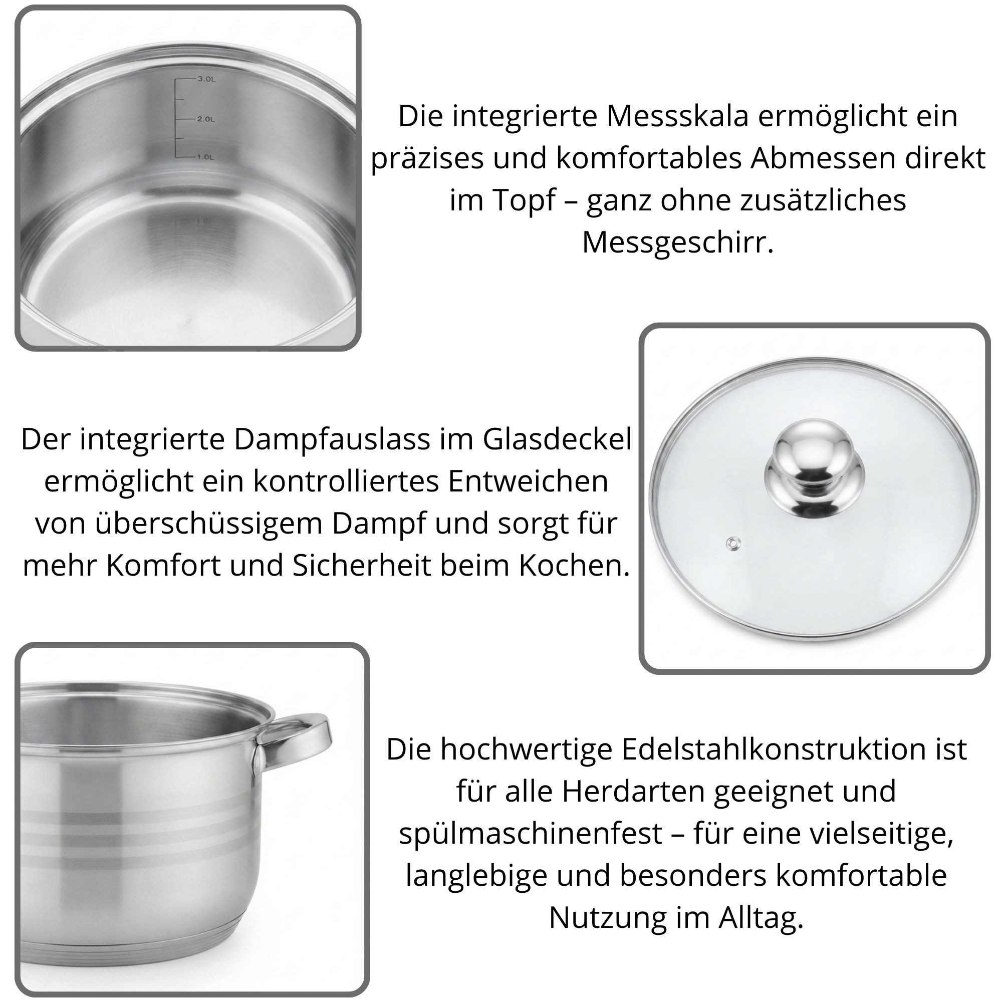 4BIG.fun Suppentopf Edelstahl Kochtopf 6 L mit Glasdeckel - Profi-Topf 24 cm Kapselboden, Edelstahl (Gemüsetopf Fleischtopf Schmortopf, Kapselboden Literskala D – Bild 4 von 5