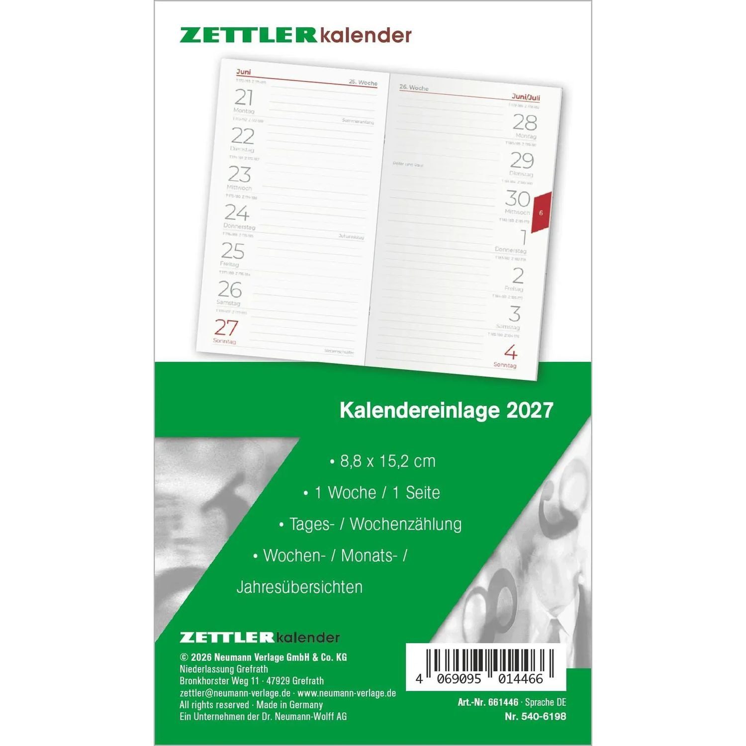 Taschenkalender Kalenderersatzeinlage TP 1W/1S 2027