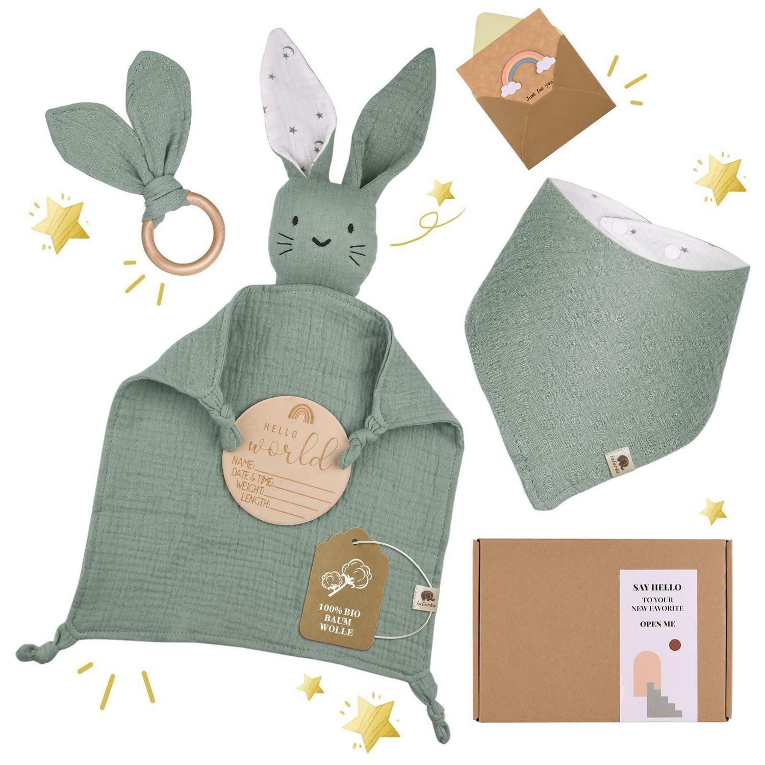LuxusKollektion Geschenkbox Baby Geschenkset Grün Schmusetuch Lätzchen Beißring (1 St)