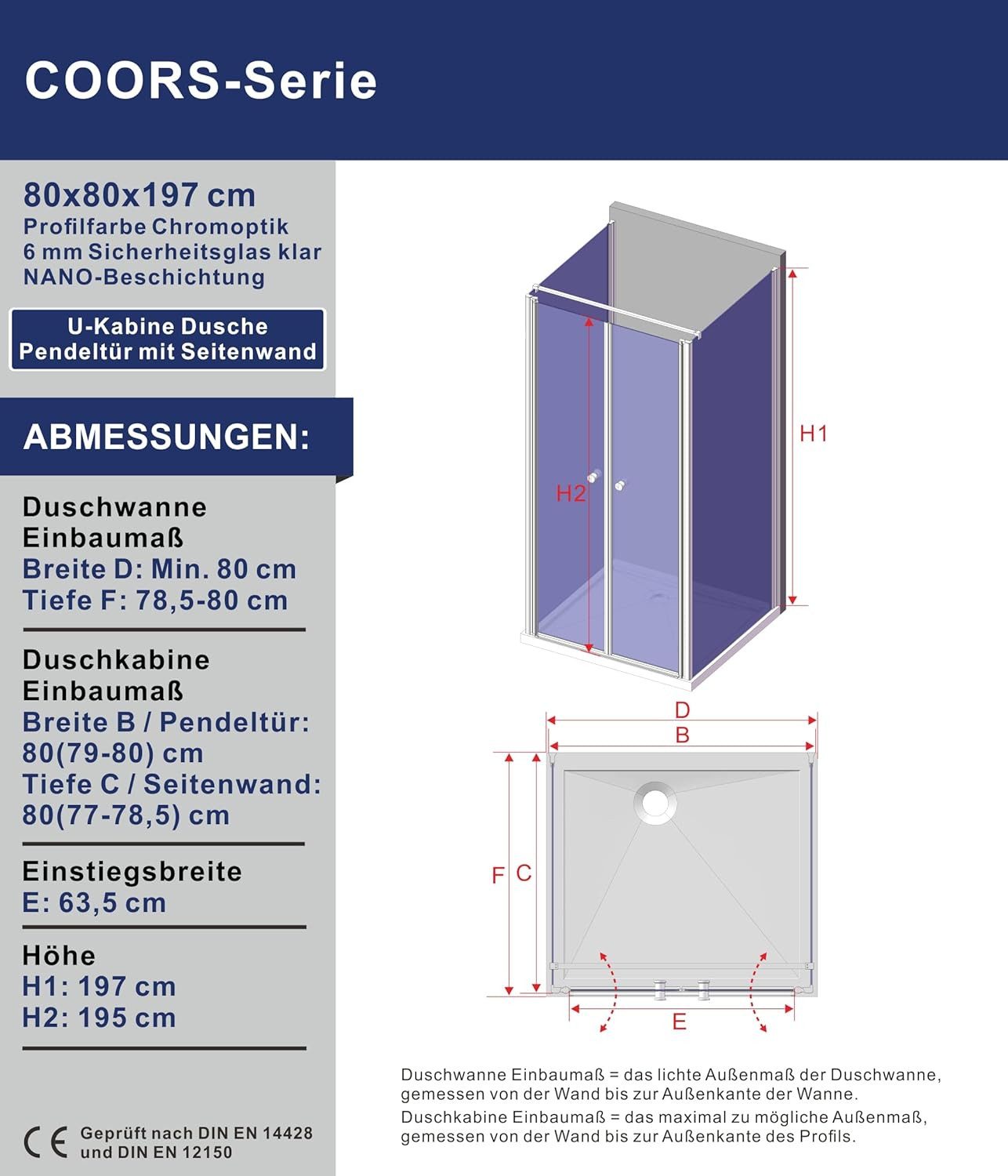 AQUABATOS Komplettdusche Duschkabine u-form Eckeinstieg Glas Dusch-Schwingtür Pendeltür Drehtür, BxT: 80x80 cm, Eckdusche u-form 6 mm Einscheibensicherheitsglas (ESG) mit Nanobeschichtung, Klarglas, nach außen und innen öffnen