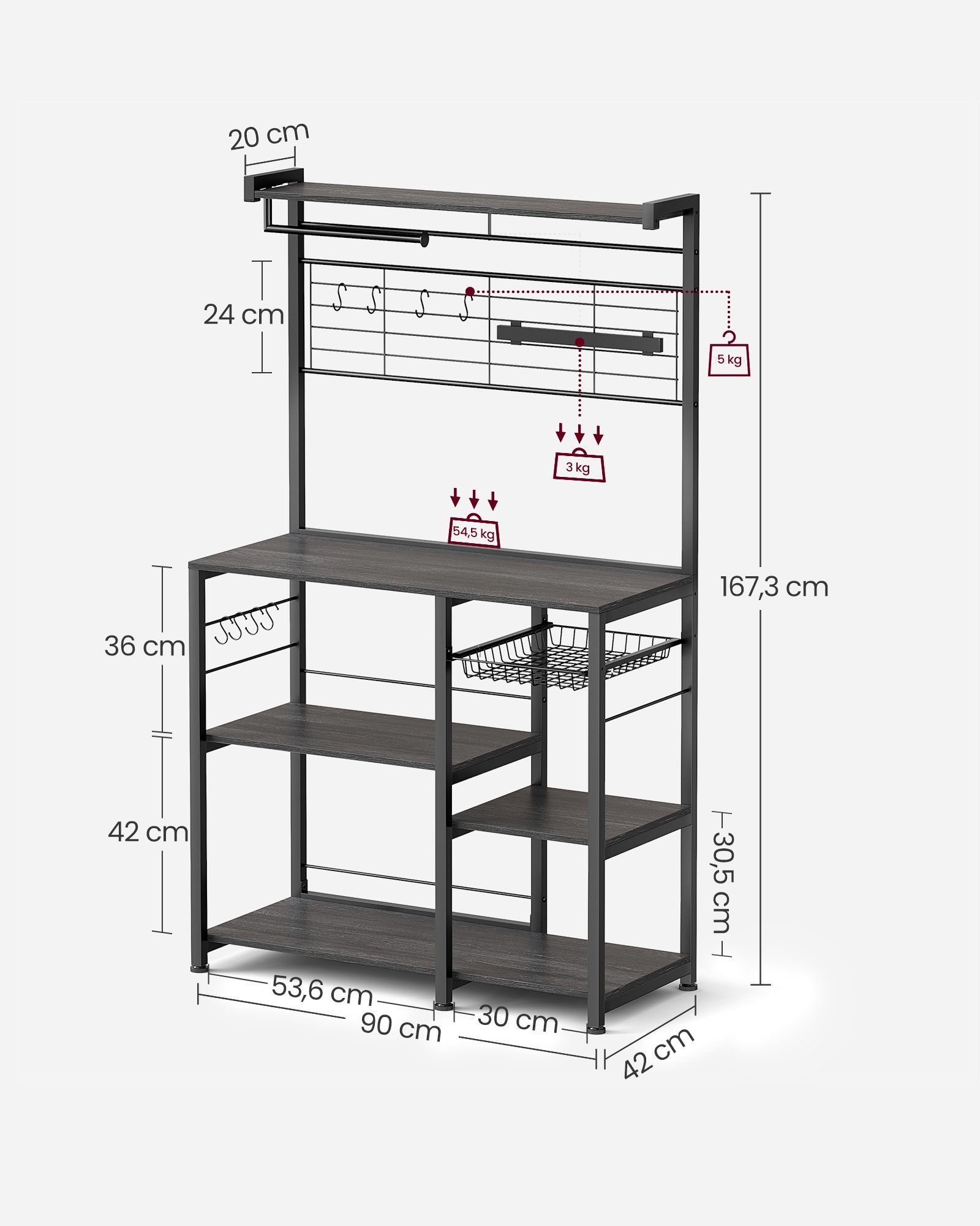 für Ebenholzfarben-Schwarz Messer, Drahtkorb, mit Magnetleiste Rollenhalter Standregal, VASAGLE Küchenregal,