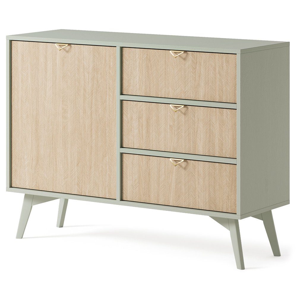 Lomadox Kommode FAREHAM-160, 106cm breit, eukalyptusfarben, Front mit Fischgrätenmuster