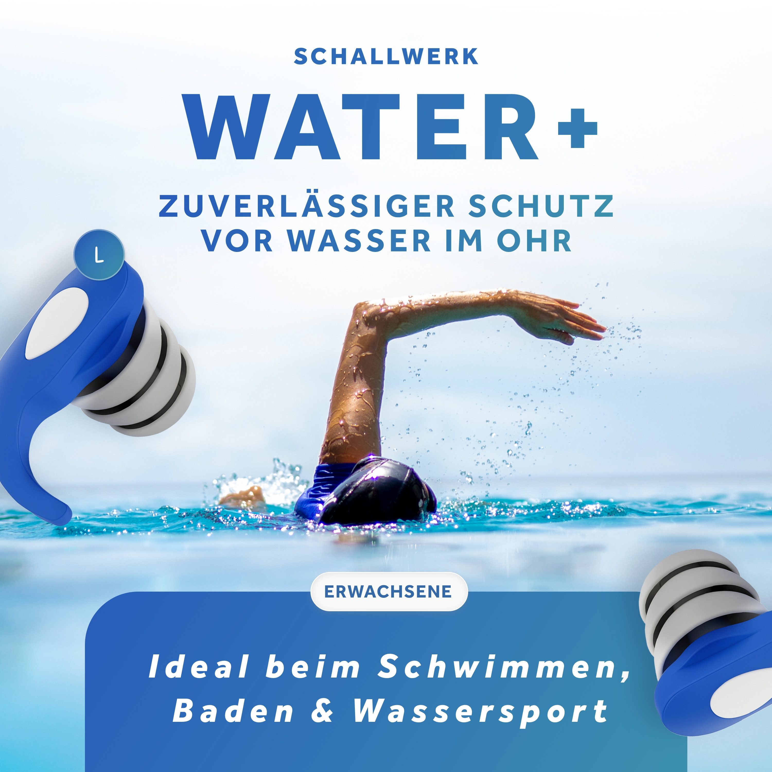 Schallwerk Schwimm-Ohrstöpsel SCHALLWERK ® Water+ Wasserdichte Ohrstöpsel – Wiederverwendbar