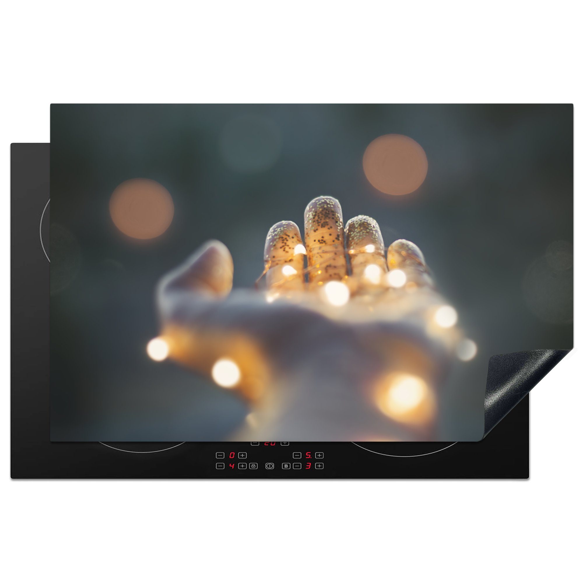 MuchoWow Herdblende-/Abdeckplatte Verlängerte Hand mit leuchtenden Lichtern und Glitter, Vinyl, (1 tlg), 81x52 cm, Induktionskochfeld Schutz für die küche, Ceranfeldabdeckung