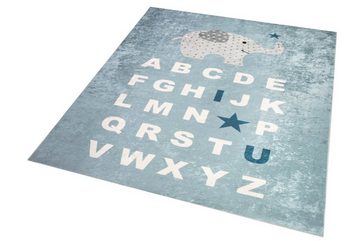 Kinderteppich Kinderteppich ABC Lernteppich Alphabet Spielteppich mit Elefant in Blau, Teppich-Traum, Rund, Höhe: 5 mm