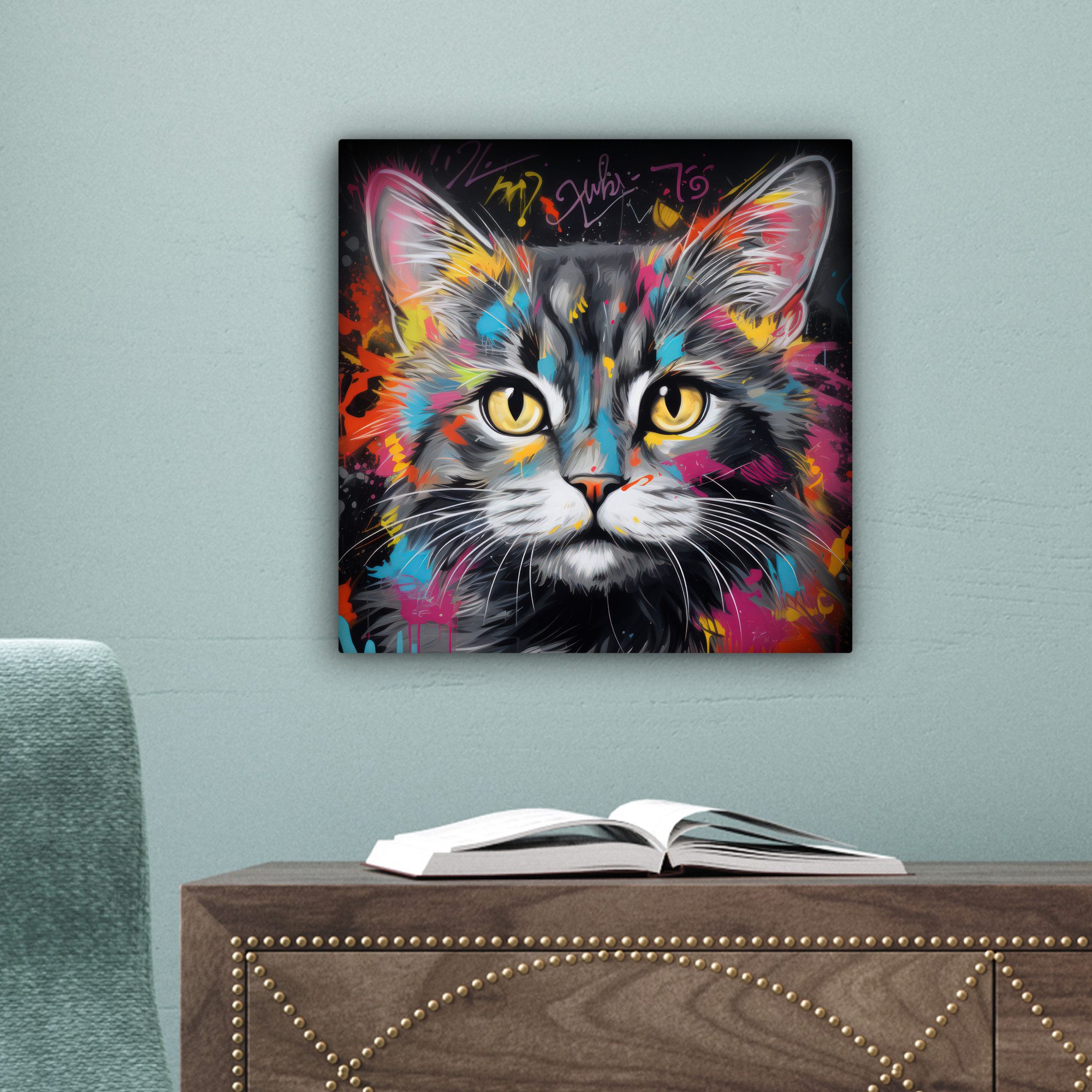 OneMillionCanvasses® Leinwandbild Katze - Graffiti - Tiere - Farben - Grau, Fotodruck (1 St), Wandbild, Deko Schlafzimmer Wohnzimmer Flur 20x20 cm – Bild 3 von 5