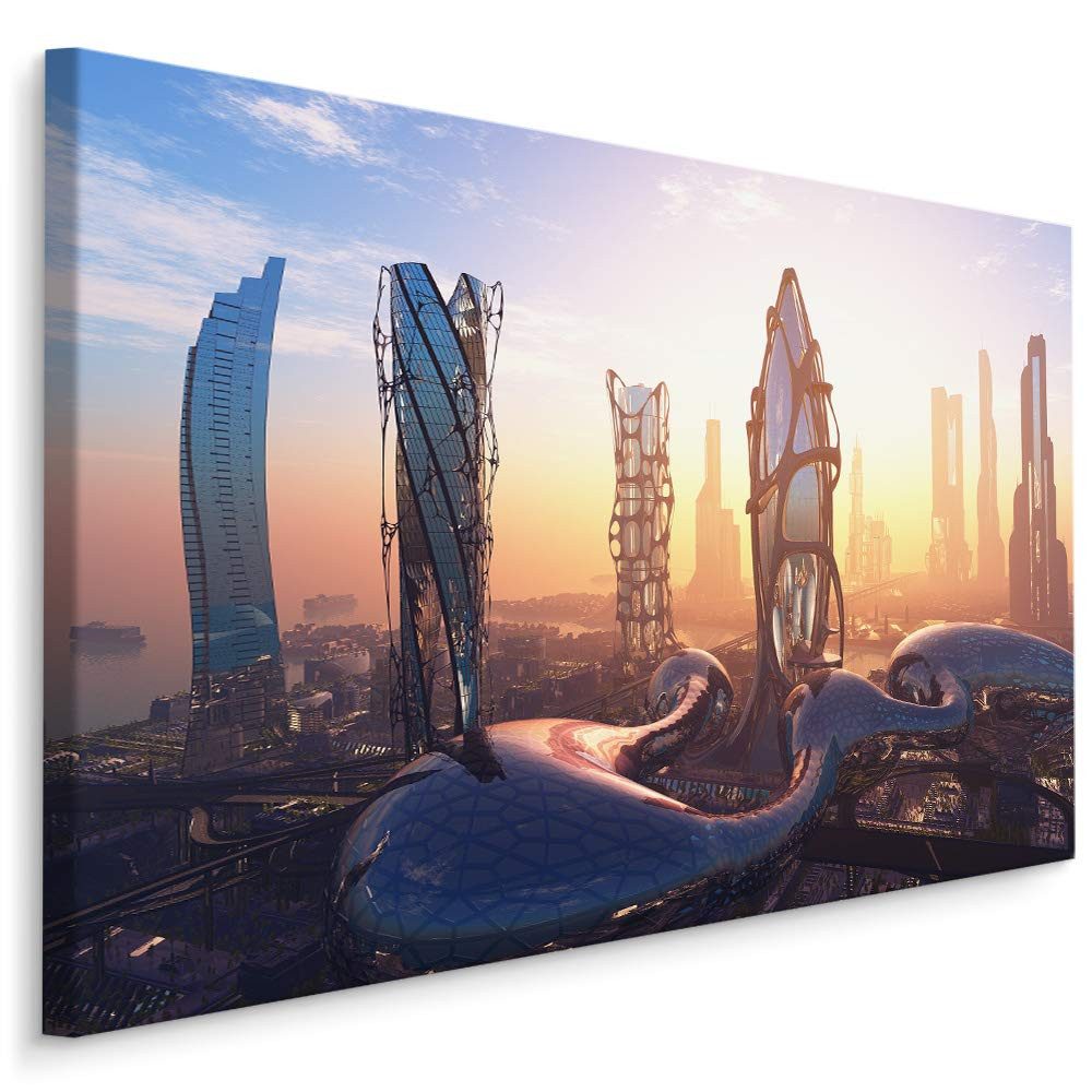 Muralo Leinwandbild Architektur – Leinwandbild Wandbild Kunstdruck Wohnzimmer, Gebäude (1 St), Stadt – Moderne Hochhäuser Panorama – Architektur, 90 x 60 cm