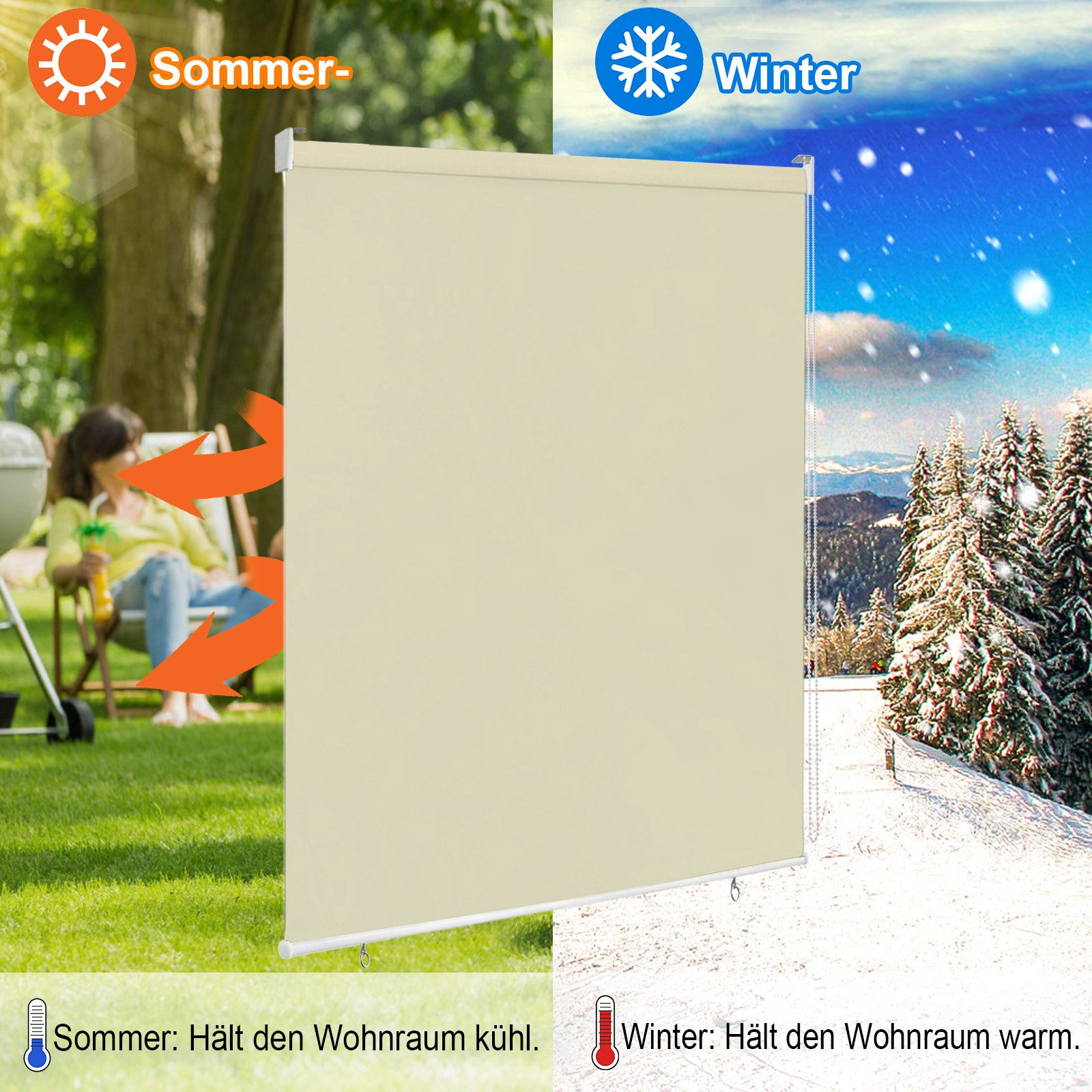 Seitenzugrollo Rollo für den Außenbereich, Sonnenschutz, UV-Schutz, FIVMEN, Schraubenmontage, Haken und Ösen, Anthrazit/Grau/Beige – Bild 5 von 5