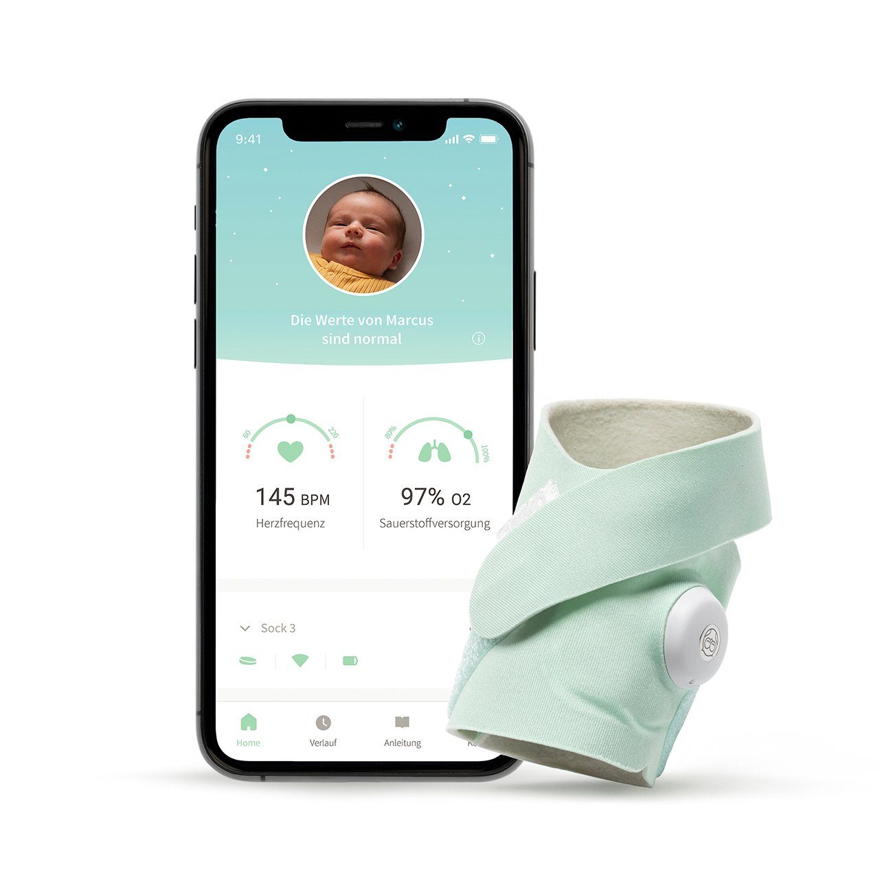 Owlet Baby Care DE Babyphone, Smart Sock, Tracking von Schlaf und Herzfrequenz via App Smart Sock 3 - Original-Mintgrün