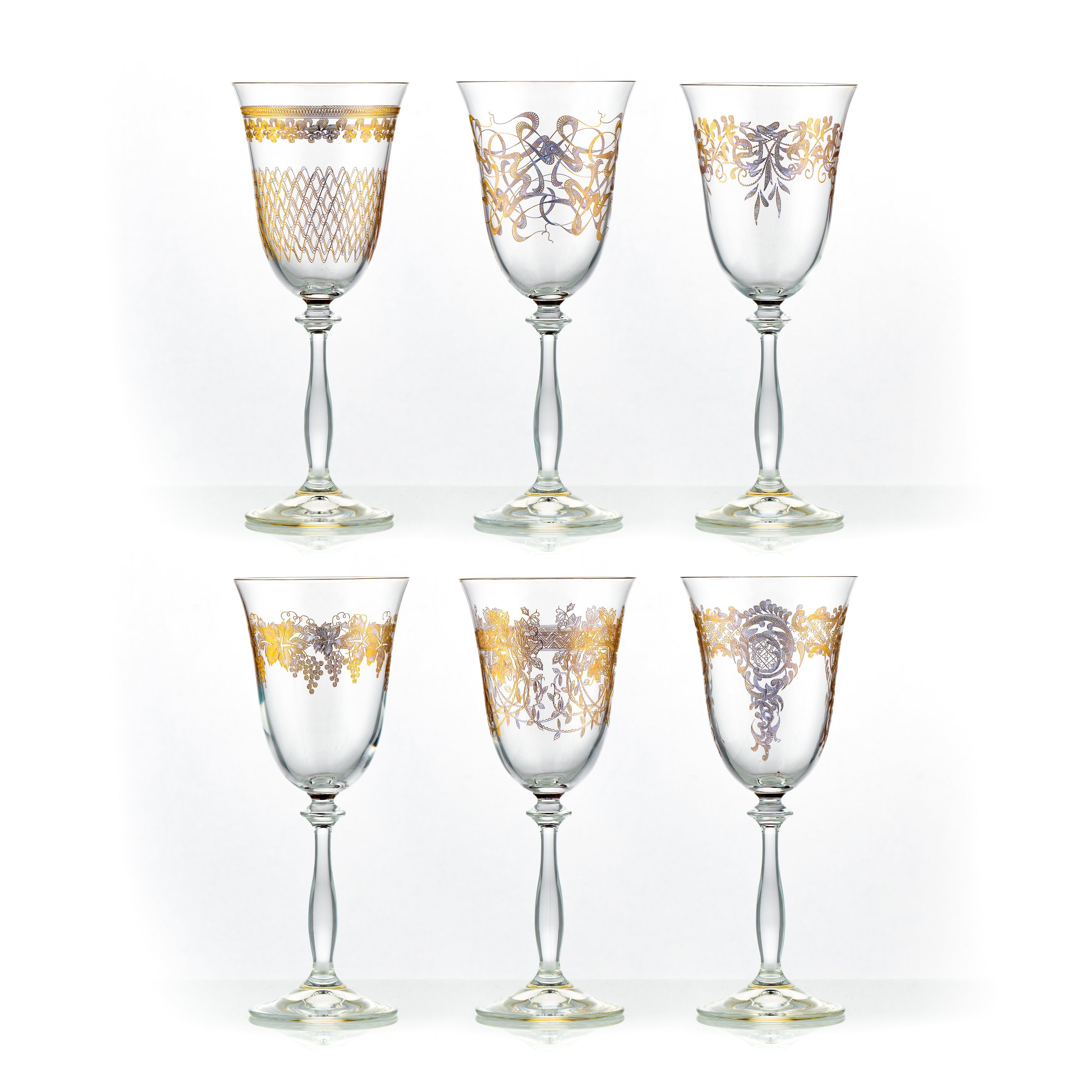 Crystalex Weißweinglas Weißweingläser Royal 250 ml 6er Set, Kristallglas, 6 verschiedene Ornamente aus pantografie