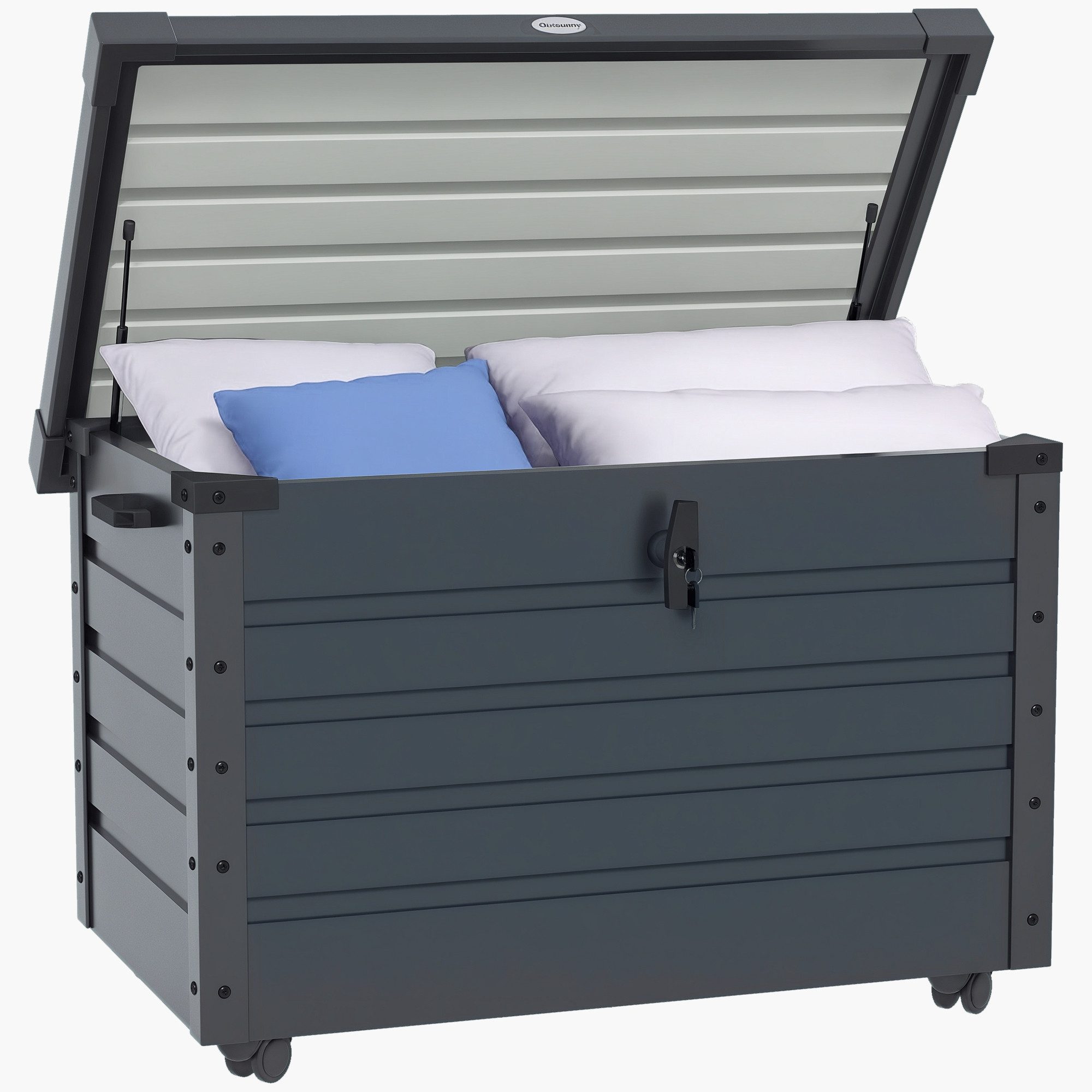 Outsunny Gartenbox Aufbewahrungstruhe mit Schloss, Griff, Rollen (Aufbewahrungskiste, 1 St., Aufbewahrungsbox), für Balkon, Terrasse 100 x 62 x 65 cm, Dunkelgrau