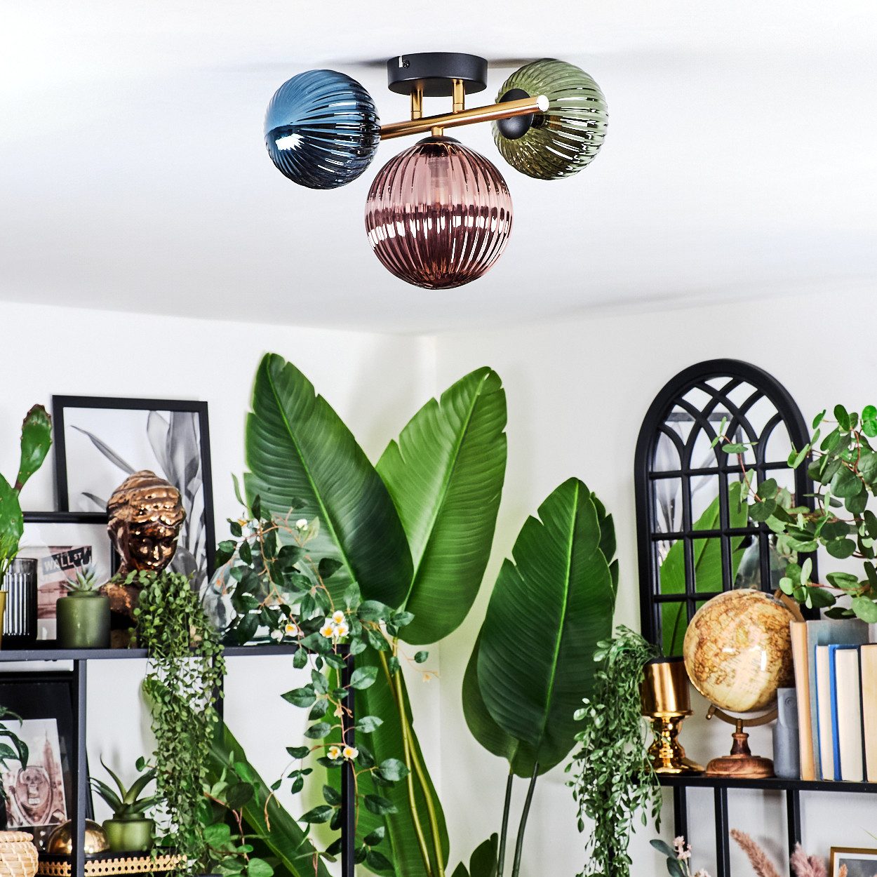 hofstein Deckenleuchte Deckenlampe aus Metall/Riffelglas in Schwarz/Gold/Grün/Blau/Kupfer, ohne Leuchtmittel, Deckenleuchte im modernen Vintage-Design (Schirme Ø 12; 15 cm), 3 x G9