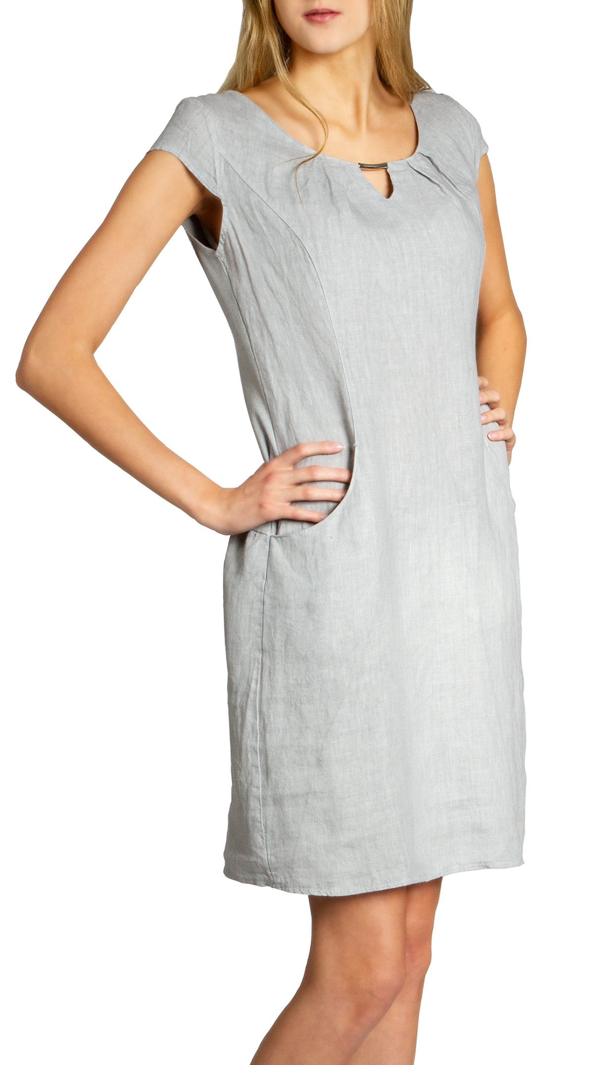 Sommerkleid SKL020 knielanges Damen Sommer Leinenkleid mit eleganter Metallspange