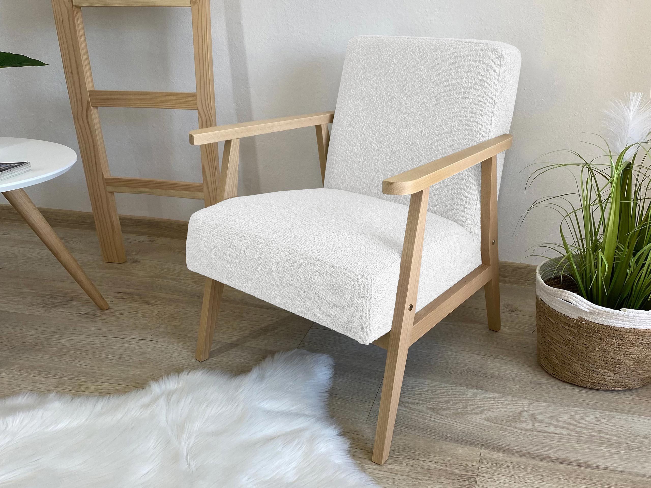 MIRJAN24 Sessel Retro Boucle (mit Wellenfeder), Holzkonstruktion, Freistehender, Armlehnen