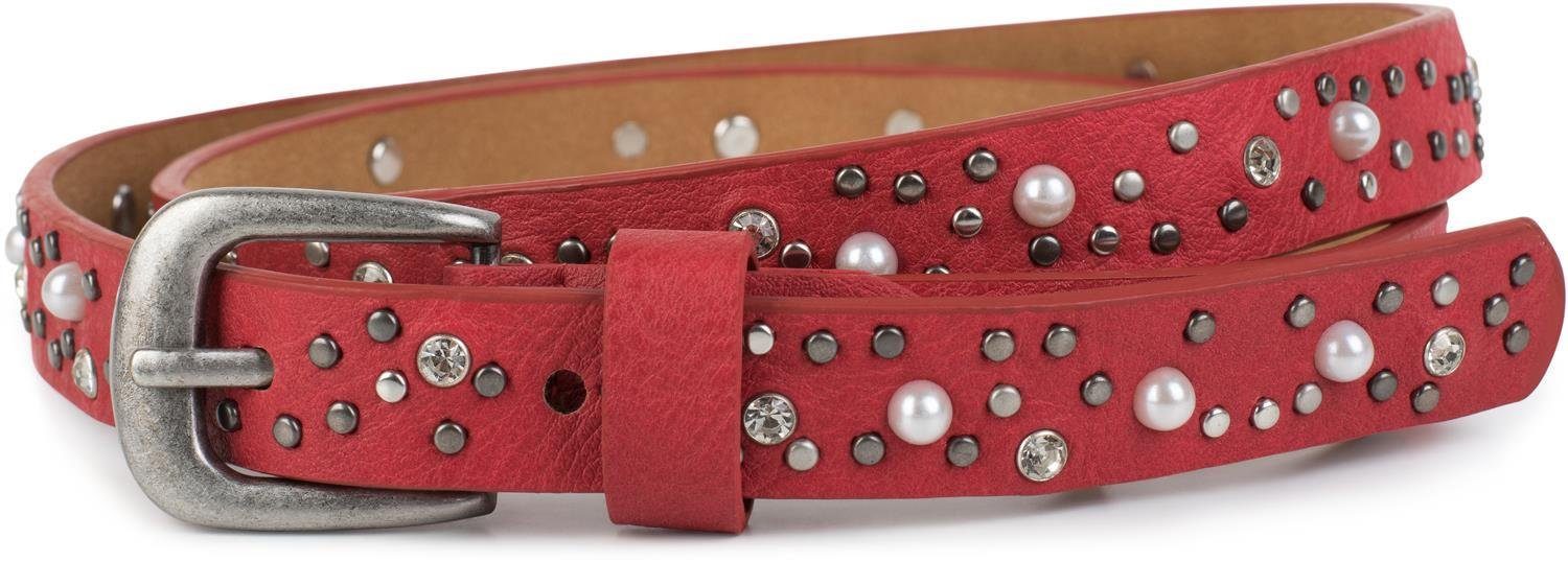 styleBREAKER Synthetikgürtel Schmaler Nietengürtel mit Perlen und Strass Bordeaux-Rot