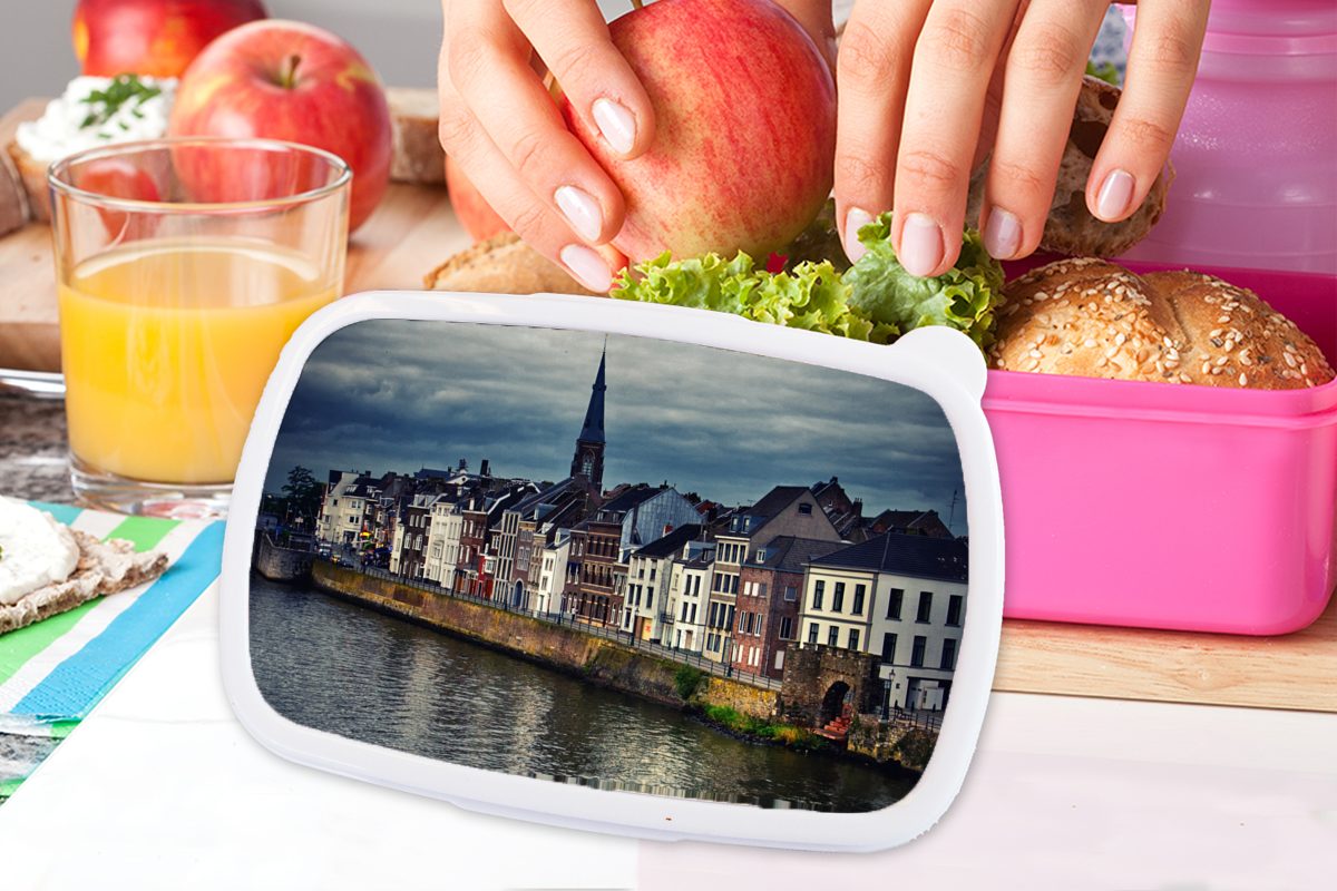 MuchoWow Lunchbox Mädchen, Erwachsene, Snackbox, Skyline - Haus rosa - Kinder, Maastricht, Kunststoff, (2-tlg), Brotdose Brotbox für Kunststoff