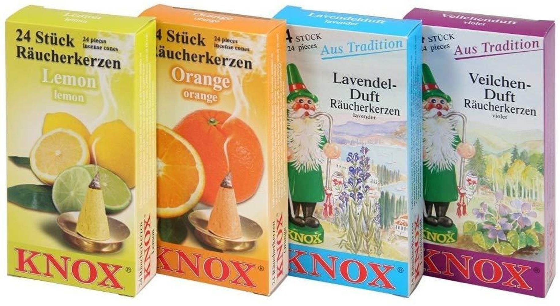 KNOX Duftkerze 4er Set Räucherkerzen Lavendel, Veilchen, Orange, Lemon günstig online kaufen