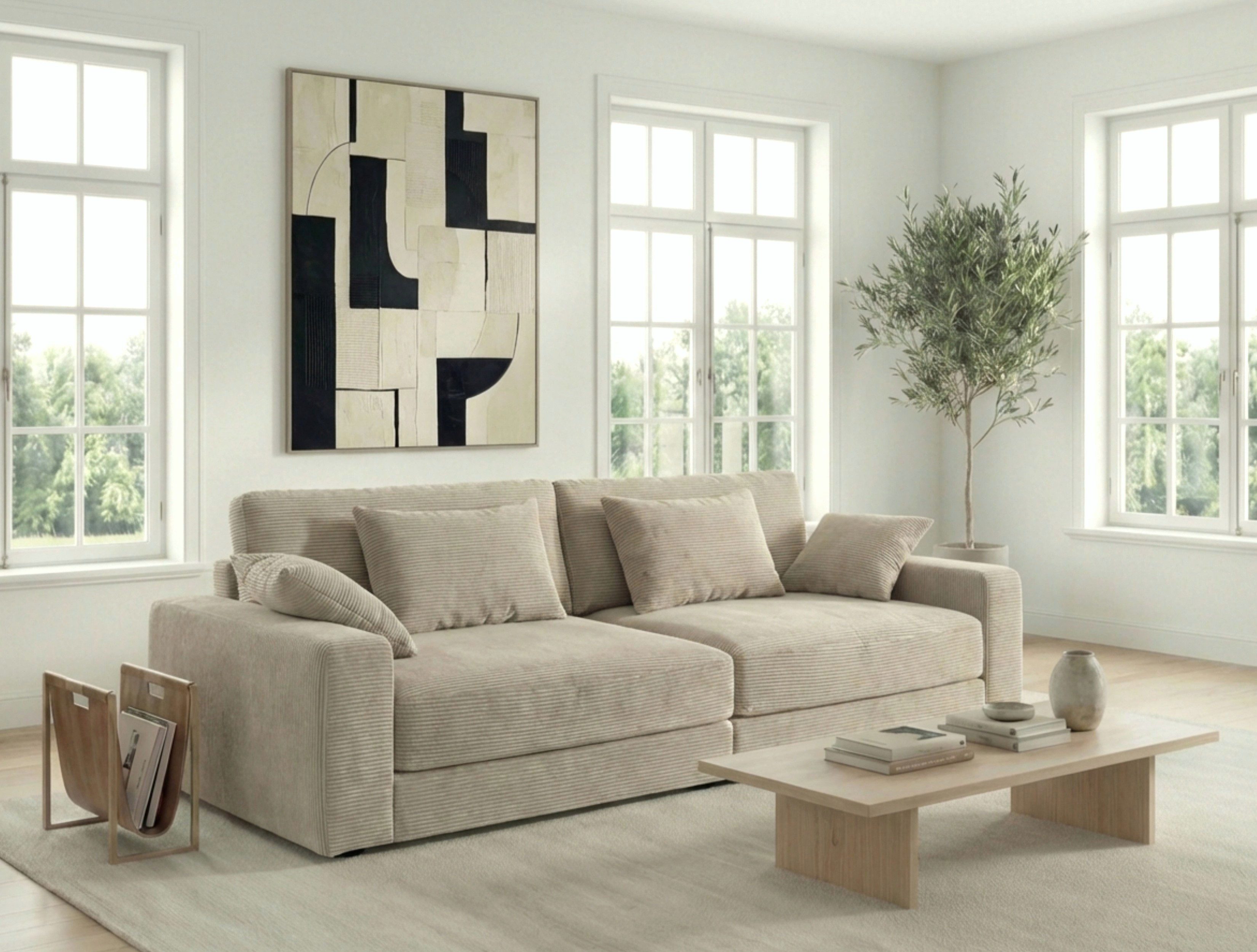 luma-home Big-Sofa 15251, Lounge Couch B290/T135/H90 cm, extratiefe Sitzfläche, Bonellfederkern-Polsterung, weicher robuster Cord-Bezug Beige Grau