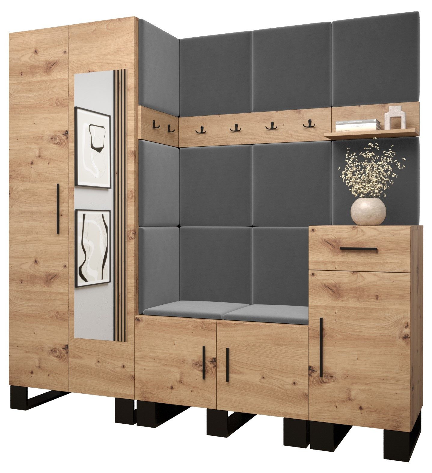 ABIKS MÖBEL Garderoben-Set ARTIN Set 13 Garderobe mit gepolsterten Paneelen, Industriell Design