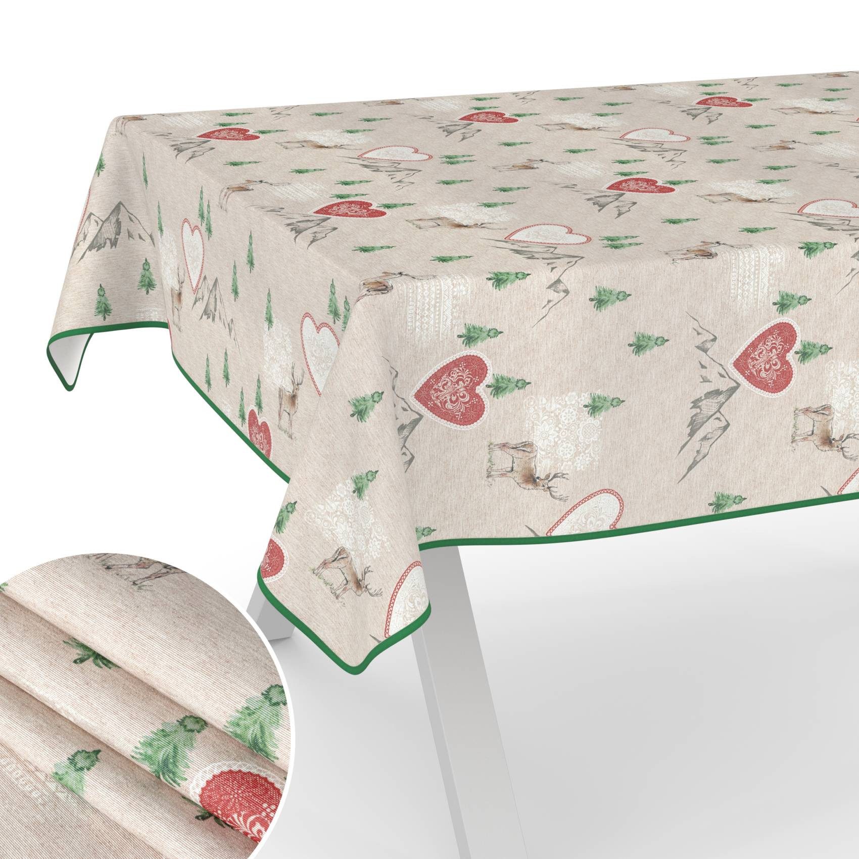 ANRO Tischdecke pflegeleicht Weihnachten Tischtuch Christmas Renntier Herz Tischwäsche (Einzelstück 1-tlg), Schutz-Beschichtung wasserabweisend Rot 90x130cm