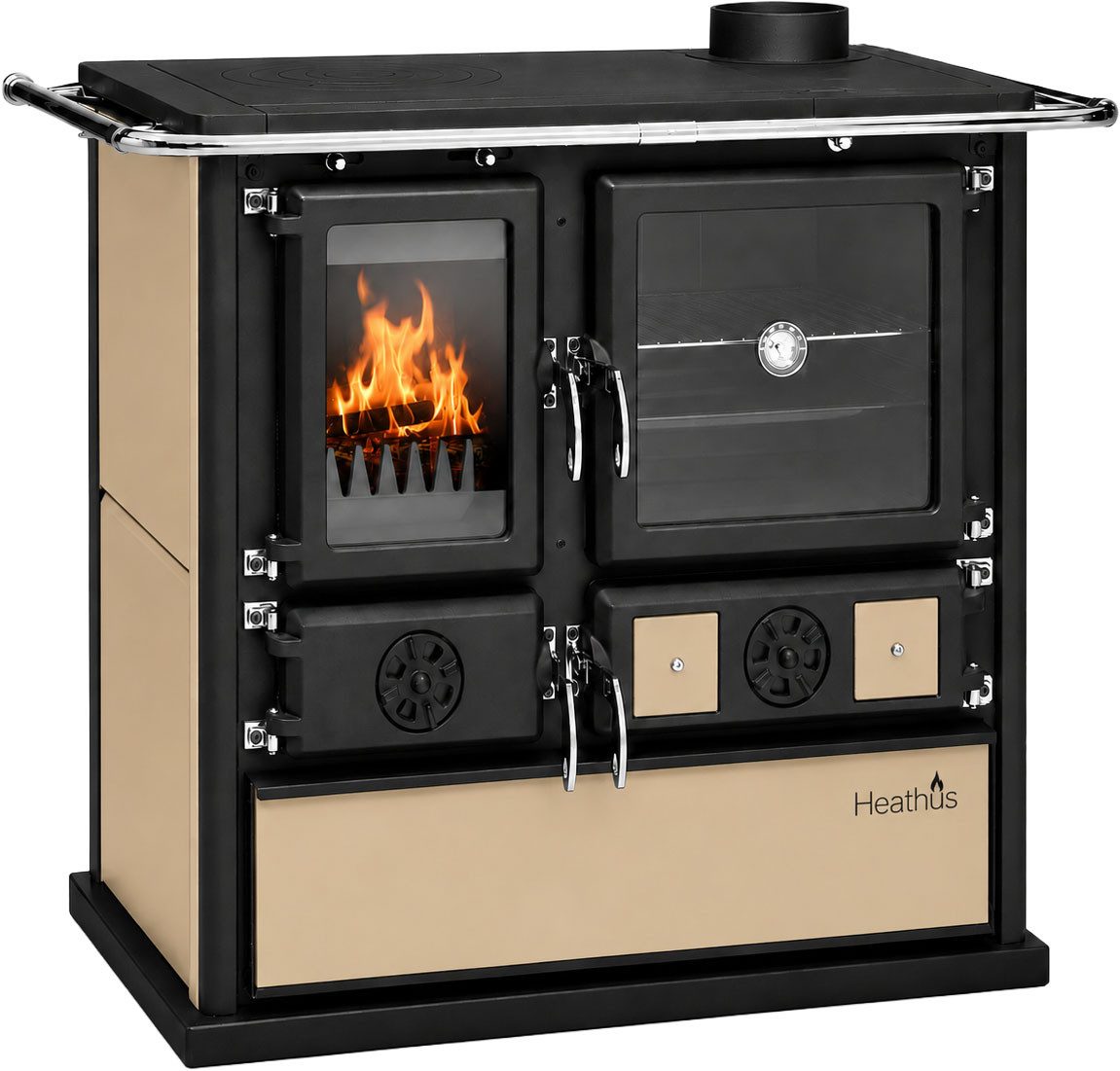 Festbrennstoffherd Cook Premium Beige, Exklusiv, Lieferung bis in die Küche, 8,9 kW, Zeitbrand, Küchenofen, Ofenherd zum Heizen, Kochen & …