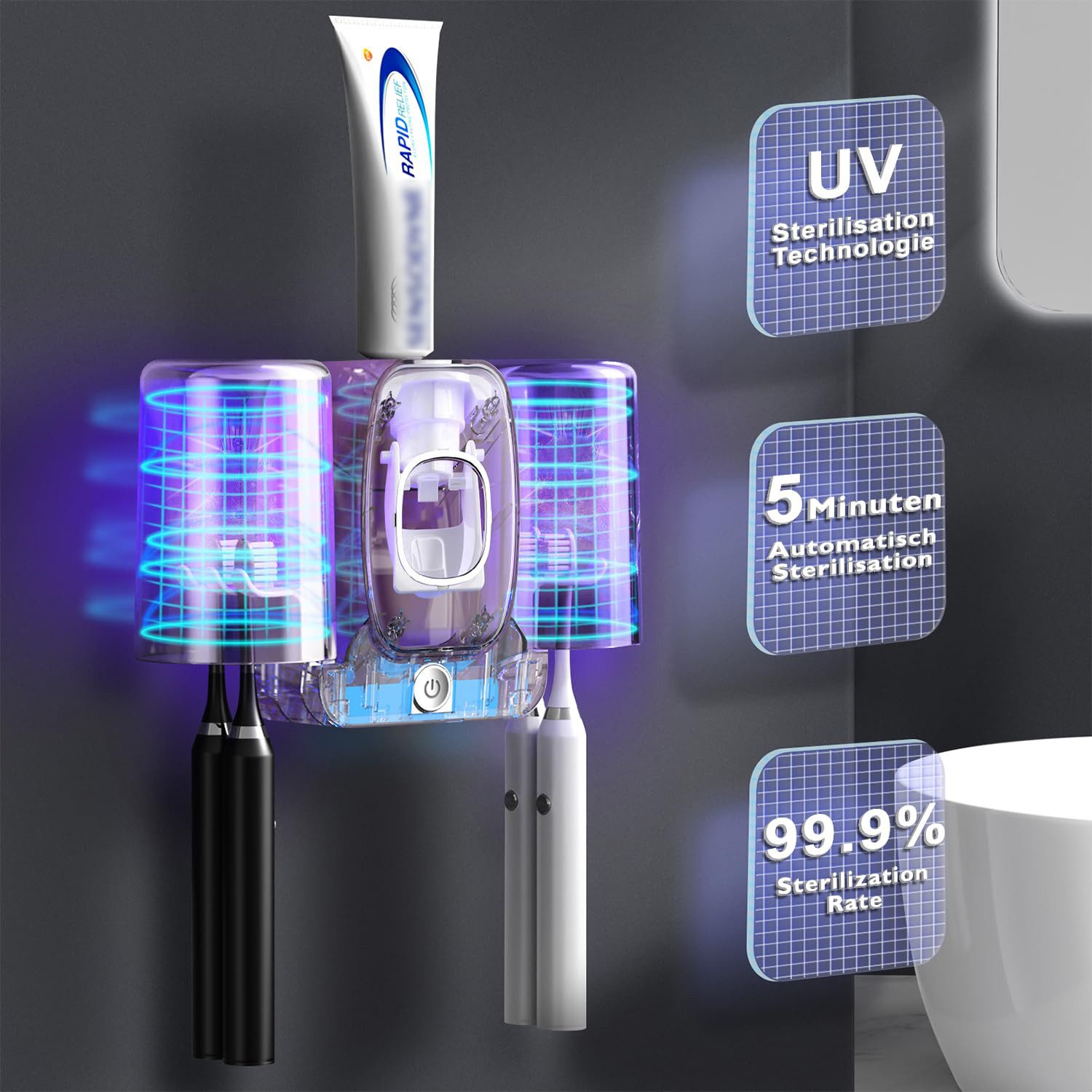 MOPUEA Zahnbürstenhalter Zahnbürstenhalter UV Desinfektions Zahnbürsten Halter mit 4 Schlitze, (Automatischer Zahnpastaspender, mit 2 herausnehmbarer Becher, 1- – Bild 5 von 5
