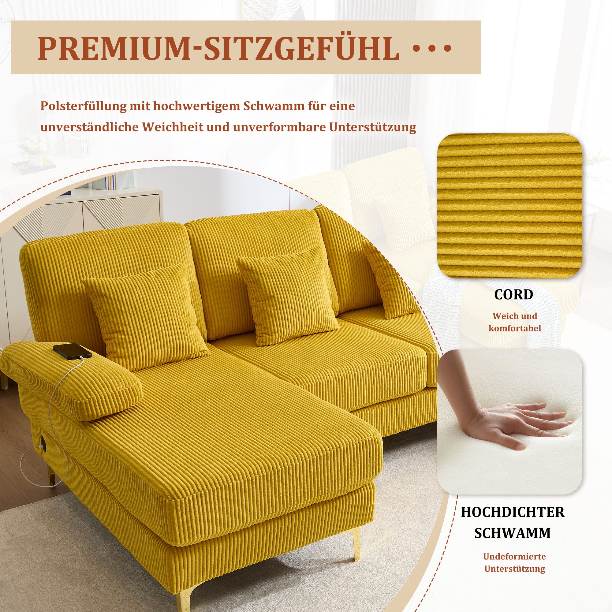 OKWISH Sofa Luxuriöses U-Ecksofa, Loungesofa, 4 ergonomische Kissen für maximalen Komfort, 4 ergonomische Kissen für maximalen Komfort