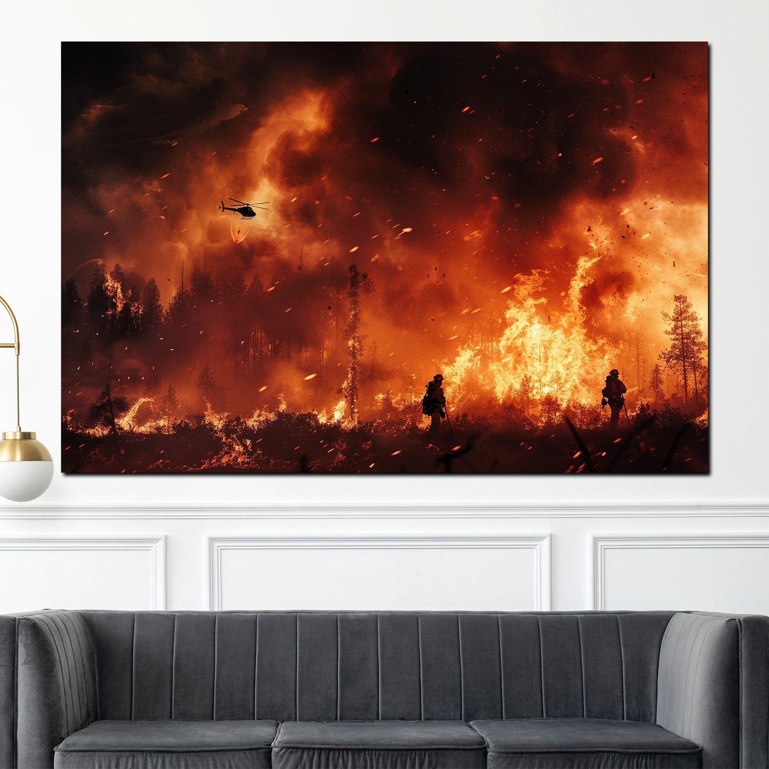 Artedinoi Leinwandbild Feuerwehr Waldbrand Hubschrauber Einsatz Leinwandbild Wandbild Kunstdr, Feuerwehrmänner im Flammeninferno