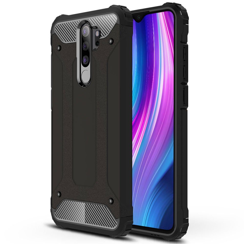 FITSU Handyhülle Outdoor Hülle für Xiaomi Redmi Note 8 Pro Schwarz, Robuste Handyhülle Outdoor Case stabile Schutzhülle mit Eckenschutz