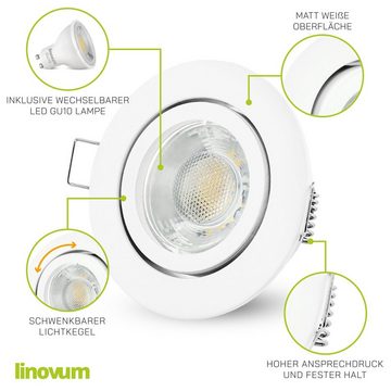 linovum LED Einbaustrahler LED Einbaustrahler neutralweiss GU10 3W 230V - Weiss rund schwenkbar, Leuchtmittel inklusive, Leuchtmittel inklusive