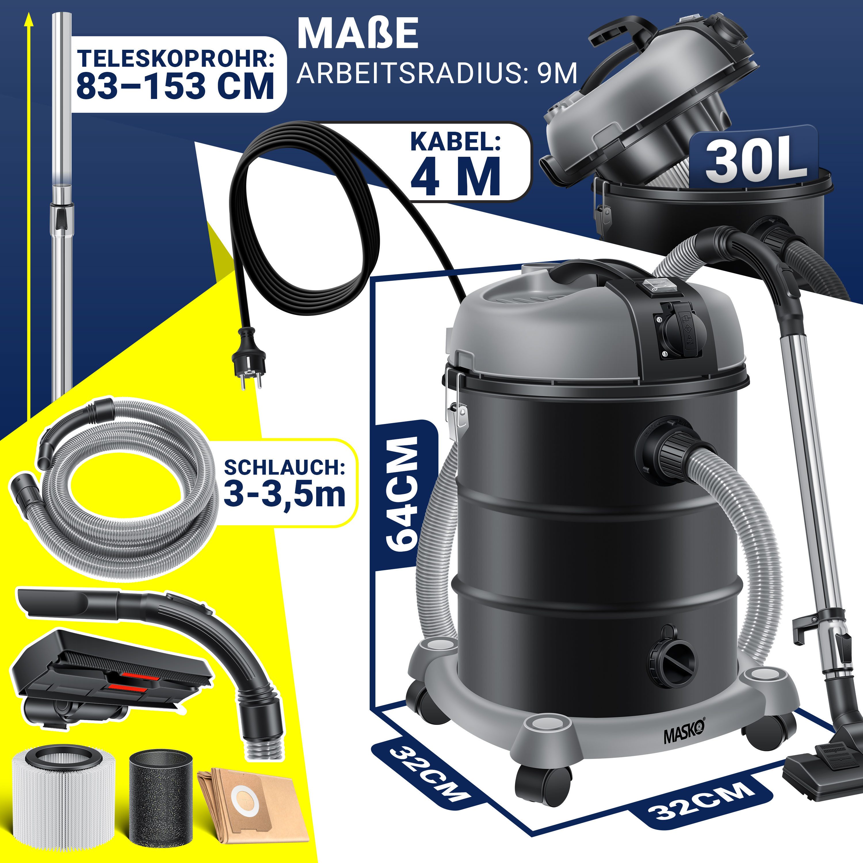 MASKO Industriesauger, 34 W, Industriestaubsauger Staubsauger Nass Trocken Sauger Edelstahl